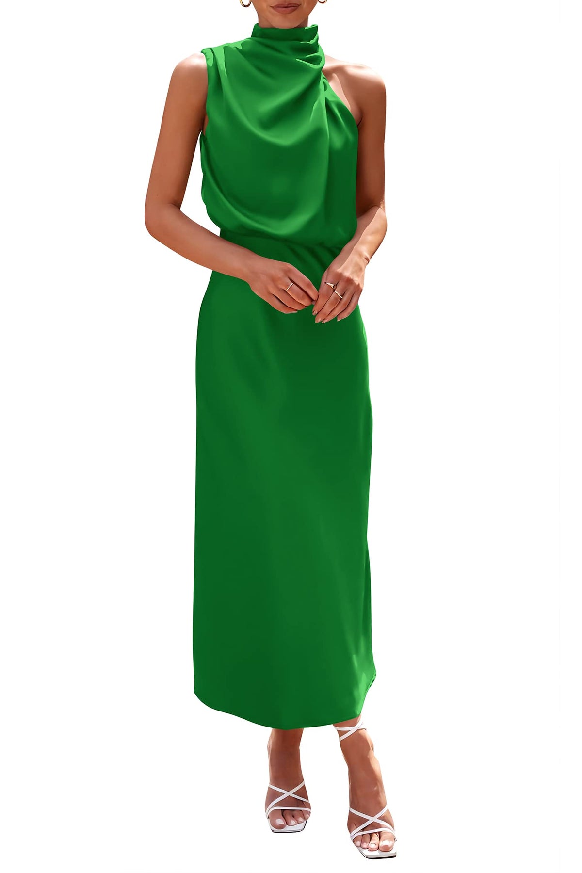 PRETTYGARDEN Women's 2026 Summer Satin Dress Elegant Sleeveless Mock Neck Cocktail Party Maxi Dresses