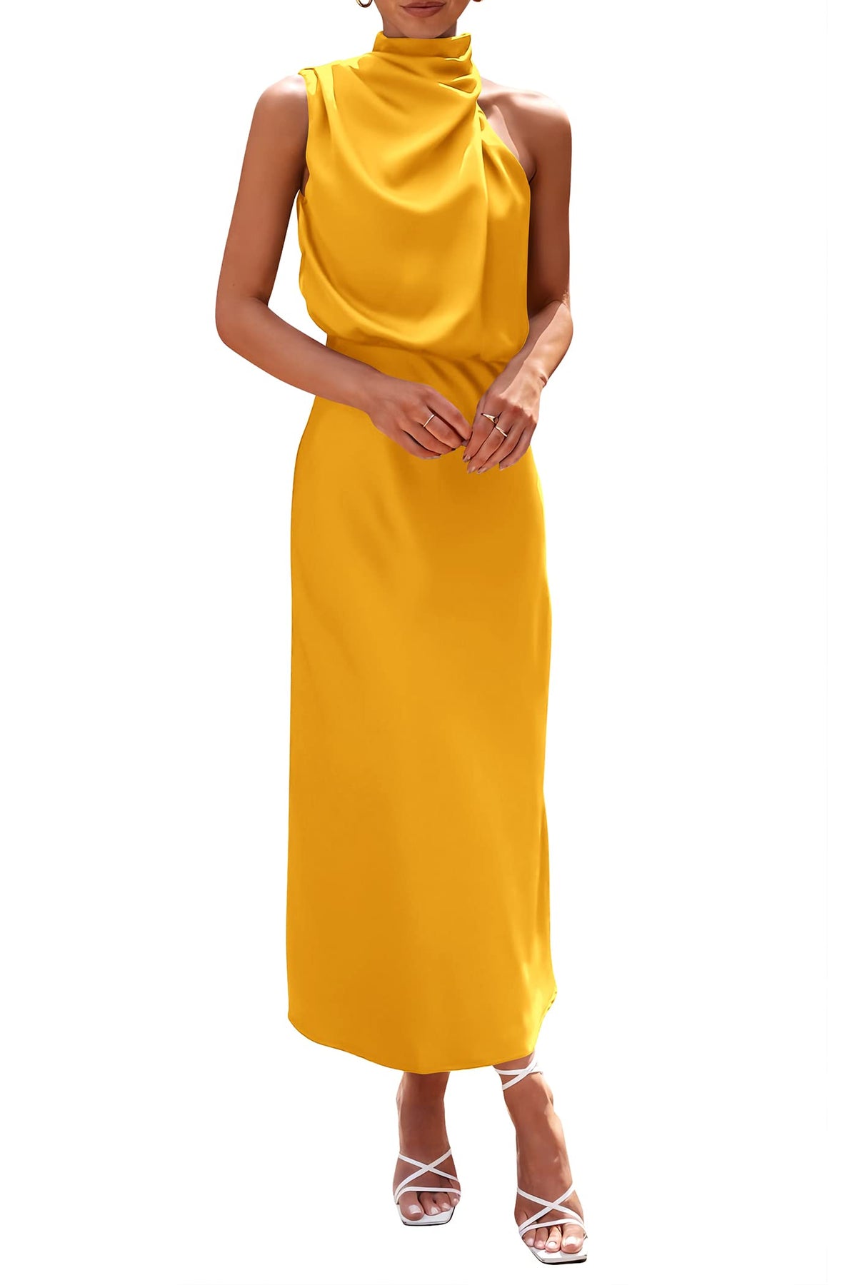 PRETTYGARDEN Women's 2026 Summer Satin Dress Elegant Sleeveless Mock Neck Cocktail Party Maxi Dresses