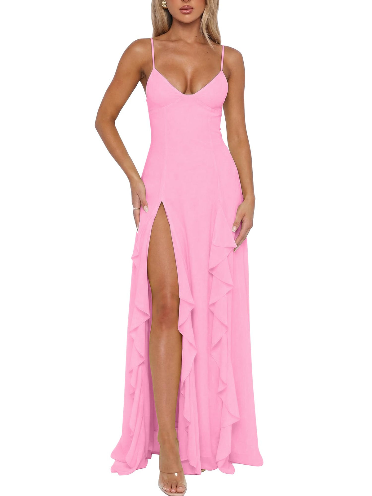 BORIFLORS Women's Sexy V Neck Spaghetti Strap Vacation Maxi Dress High Slit Cocktail Wedding Guest Long Formal Dresses