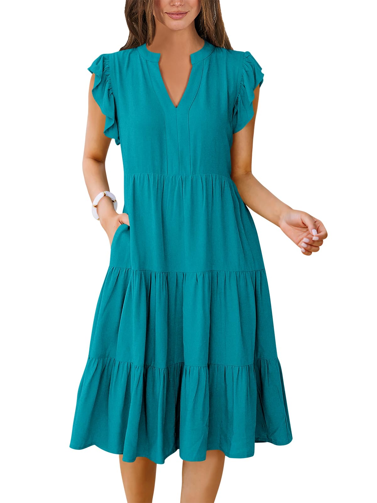 ANRABESS Womens Summer Dress Ruffle Sleeve V Neck Midi Dresses Fashion Casual Fit Flowy Tiered Boho Beach Vacation Sundress