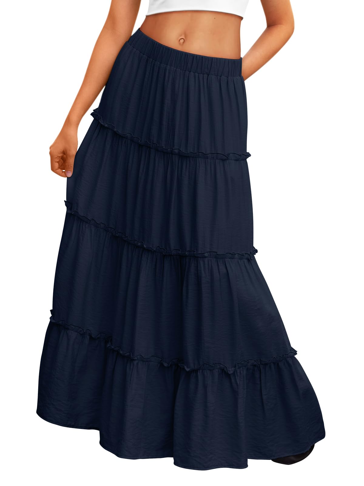 Trendy Queen Vacation Outfits Long Skirts for Women Boho Maxi Skirt Elastic High Waist Dress with Pockets Fashion