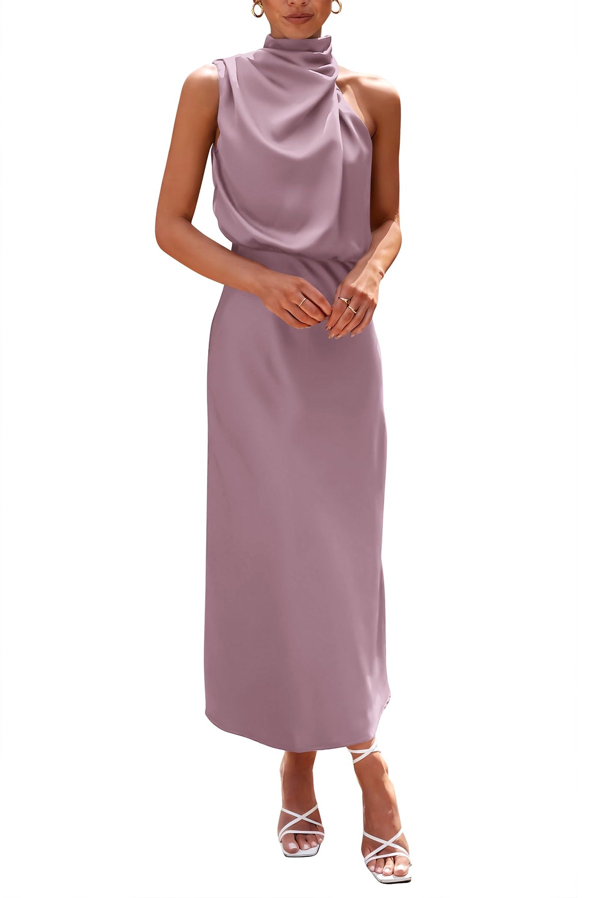 PRETTYGARDEN Women's 2026 Summer Satin Dress Elegant Sleeveless Mock Neck Cocktail Party Maxi Dresses