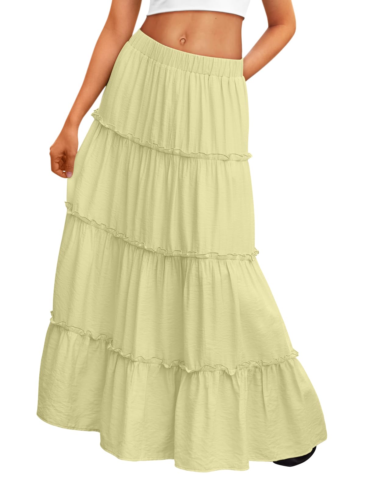 Trendy Queen Vacation Outfits Long Skirts for Women Boho Maxi Skirt Elastic High Waist Dress with Pockets Fashion