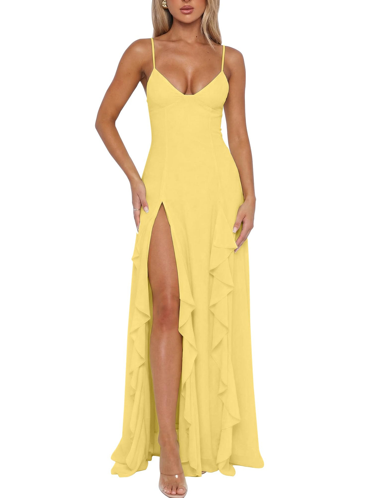 BORIFLORS Women's Sexy V Neck Spaghetti Strap Vacation Maxi Dress High Slit Cocktail Wedding Guest Long Formal Dresses