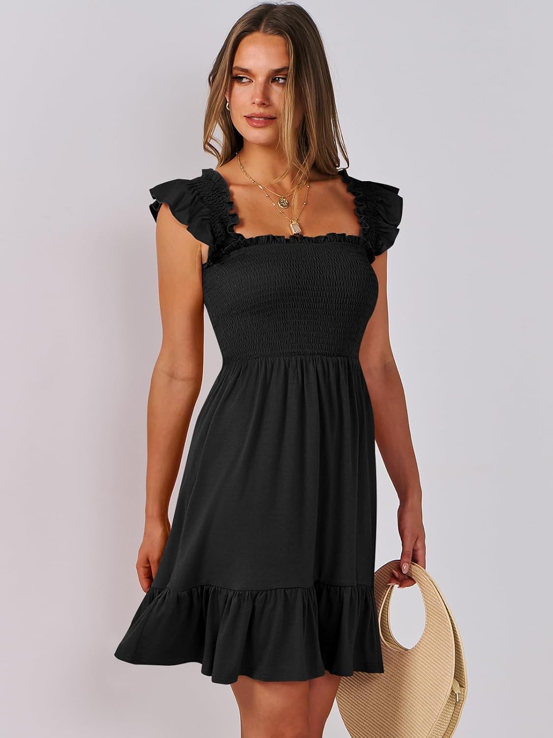 ANRABESS Women's Summer Casual Sleeveless Square Neck Dress 2026 Smocked Ruffle Backless Boho Beach Cute Teen Short Sundress