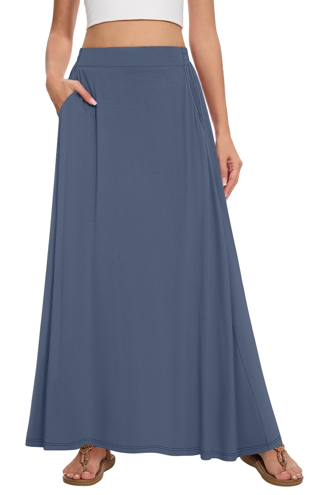 Womens Maxi A-line Long Skirt Casual 2026 Elastic High Waist Flowy Skirts with Pockets