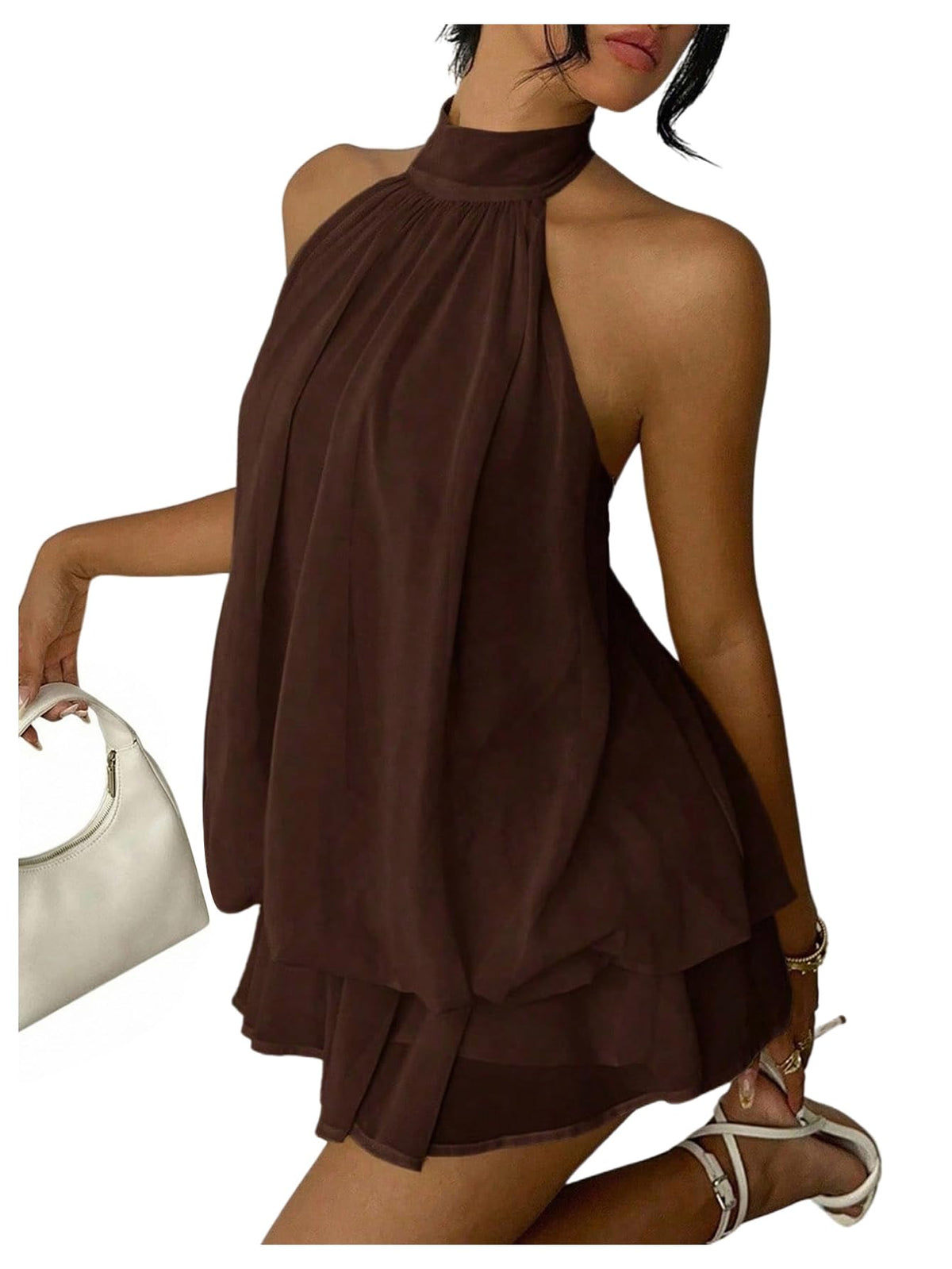 Verdusa Women's Chiffon Halter Drop Waist Wedding Guest Dresses Ruffle Summer Loose Fit Mini Dress Brunch Outfits