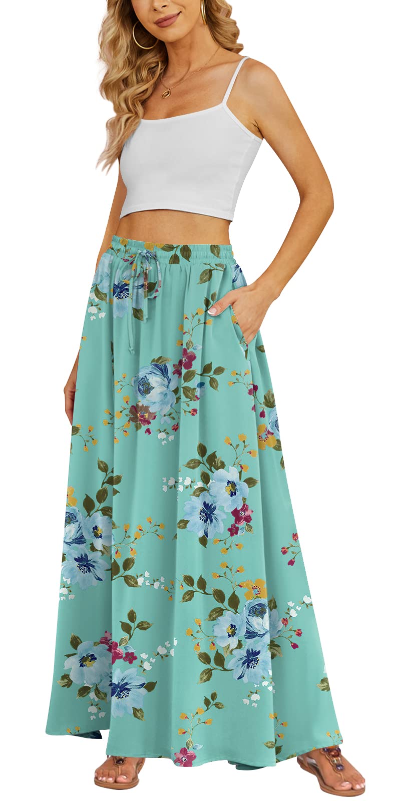 Yincro Women's Flowy Maxi Skirt Summer Pleated High Waisted Casual Long Skirts with Pockets