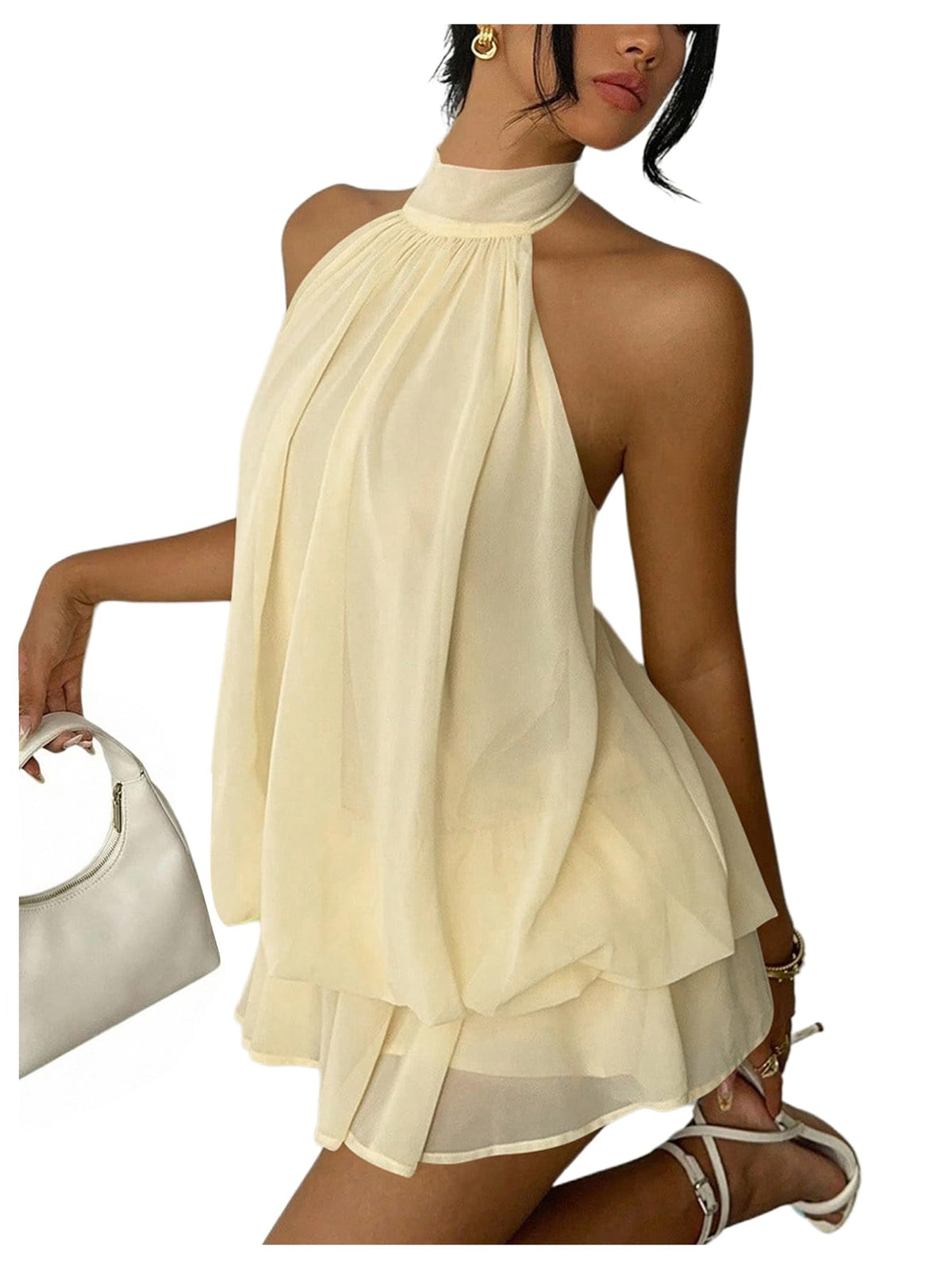 Verdusa Women's Chiffon Halter Drop Waist Wedding Guest Dresses Ruffle Summer Loose Fit Mini Dress Brunch Outfits