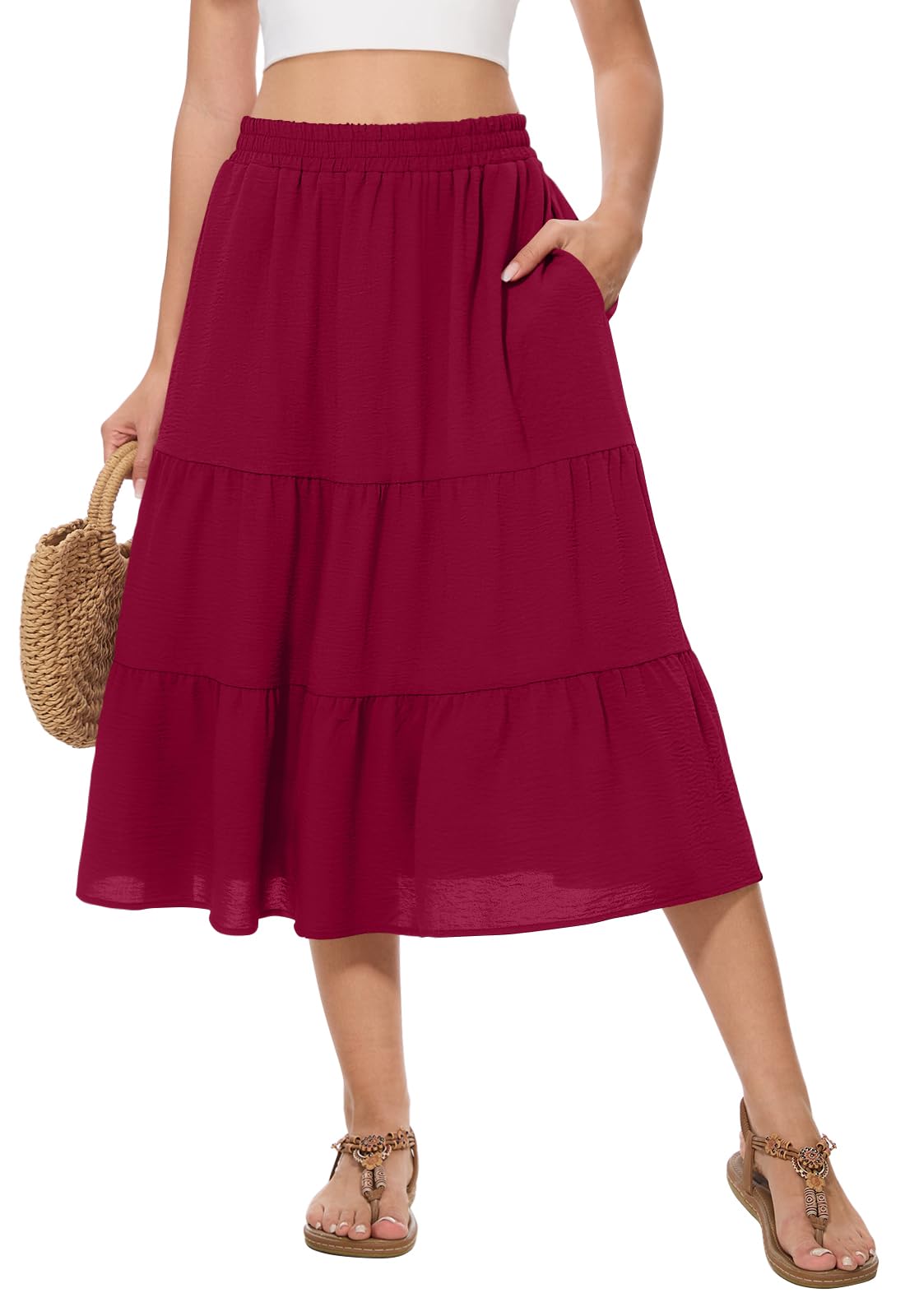 Women's Summer Midi Skirt High Elastic Waist Flowy Ruffle Casual Boho A-Line Skirts with Pockets