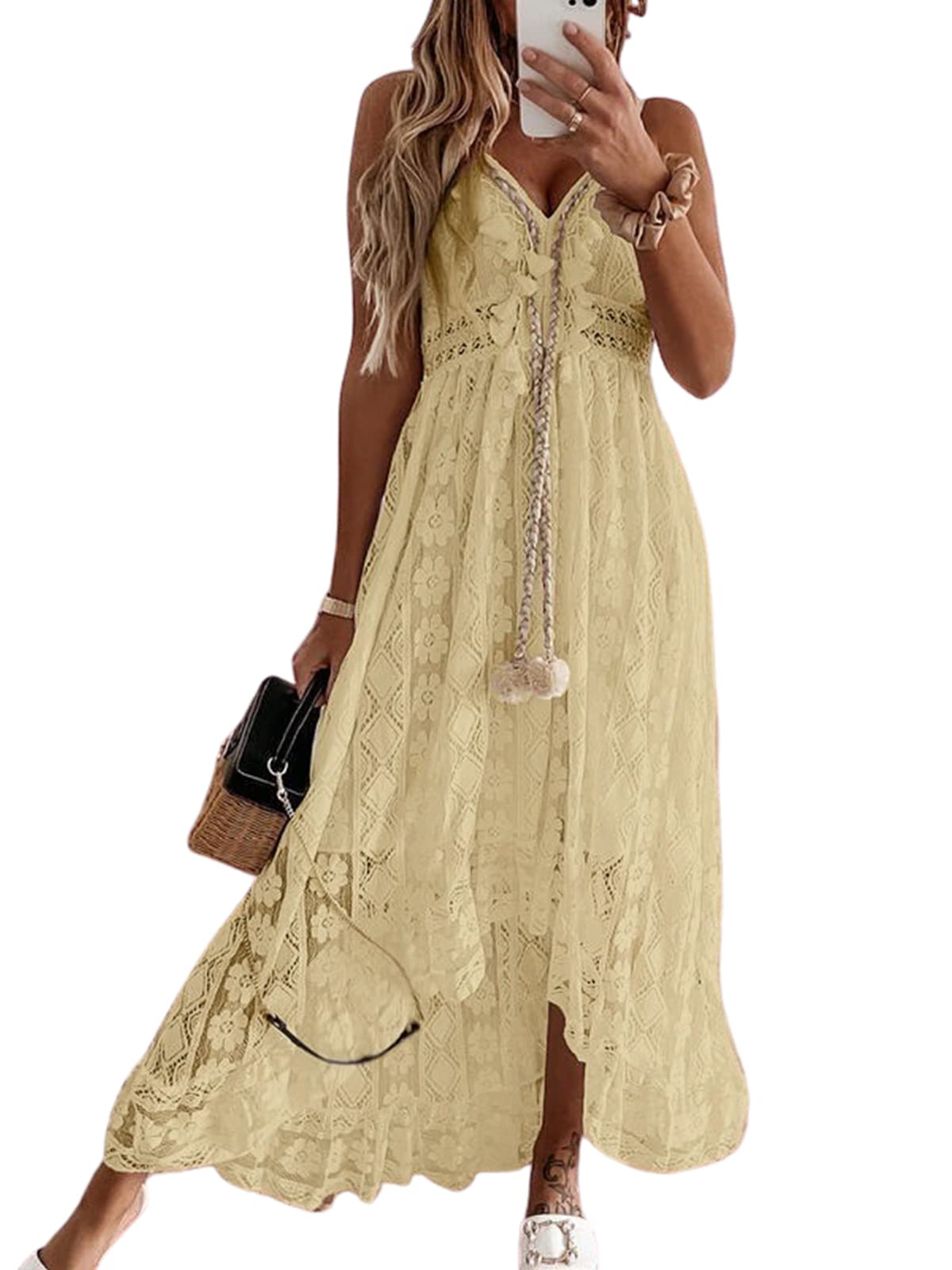 CUPSHE Maxi Summer Dress for Women Lace V Neck Sleeveless Sundress Boho Crochet Tassel Flowy Beach Vacation Graduation Dress