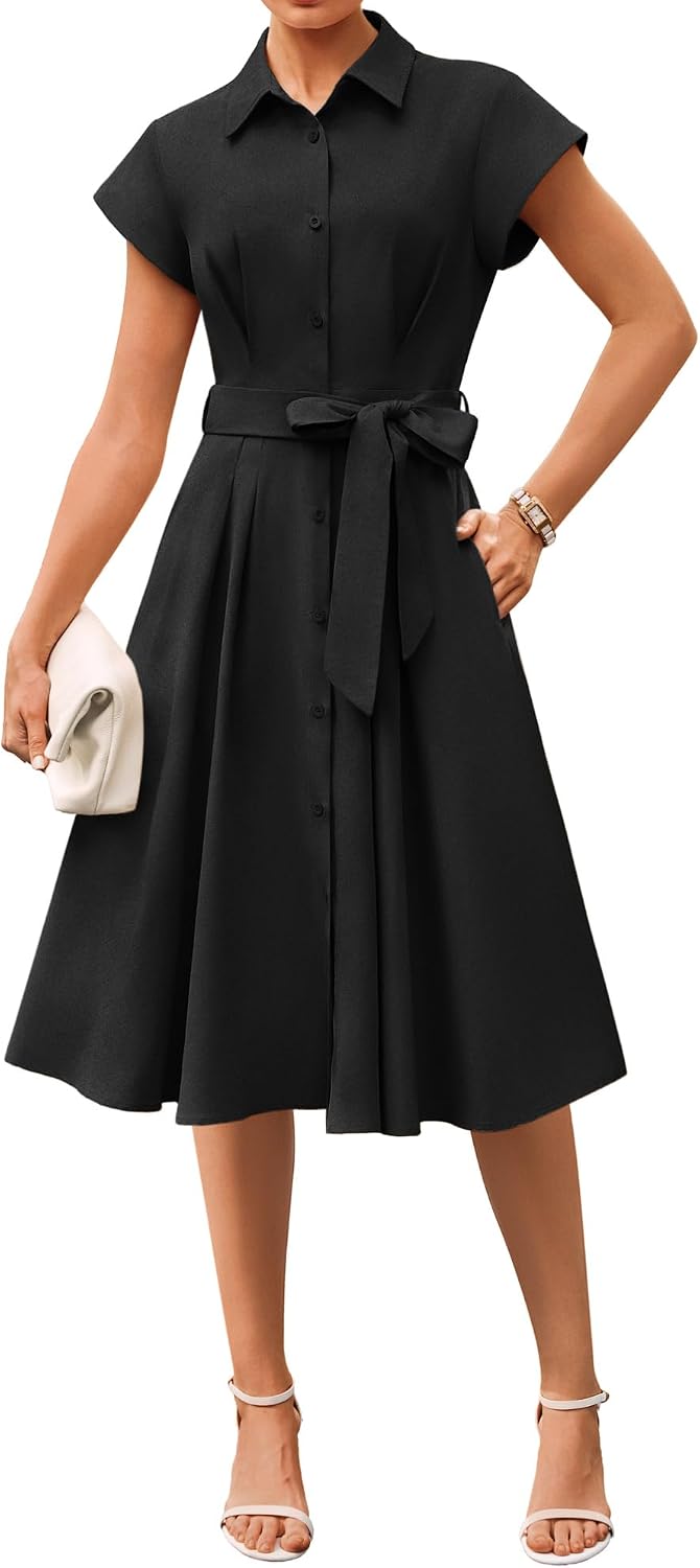 GRACE KARIN Womens Short Sleeve Shirt Dresses 2026 Summer Midi Button Down Dress Work Business Casual Dress with Pockets