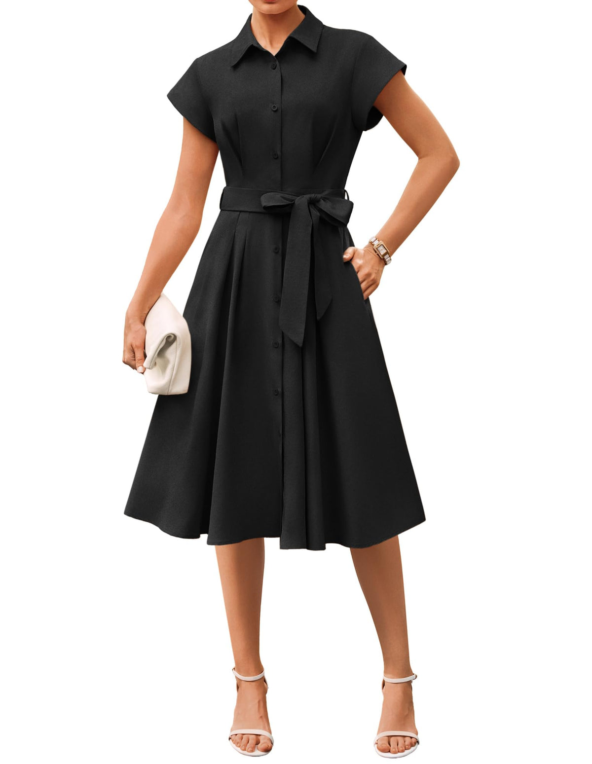 GRACE KARIN Womens Short Sleeve Shirt Dresses 2026 Summer Midi Button Down Dress Work Business Casual Dress with Pockets