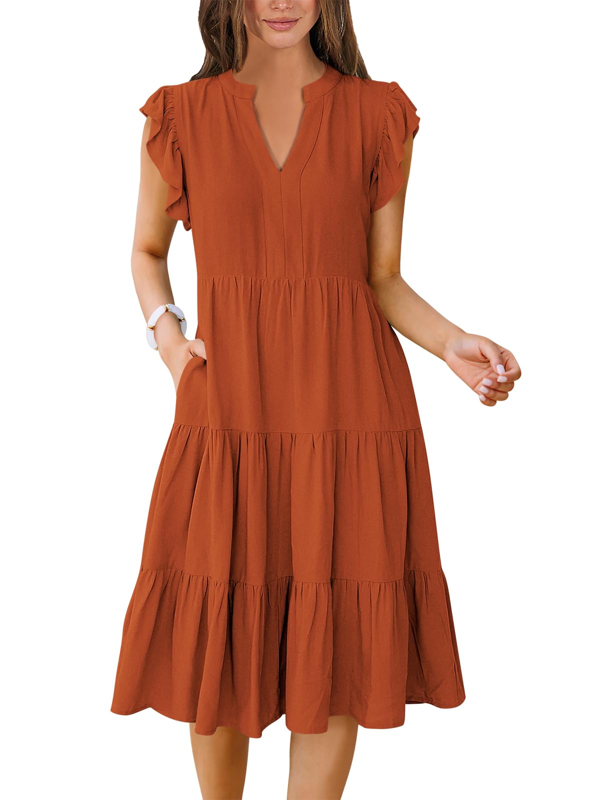 ANRABESS Womens Summer Dress Ruffle Sleeve V Neck Midi Dresses Fashion Casual Fit Flowy Tiered Boho Beach Vacation Sundress