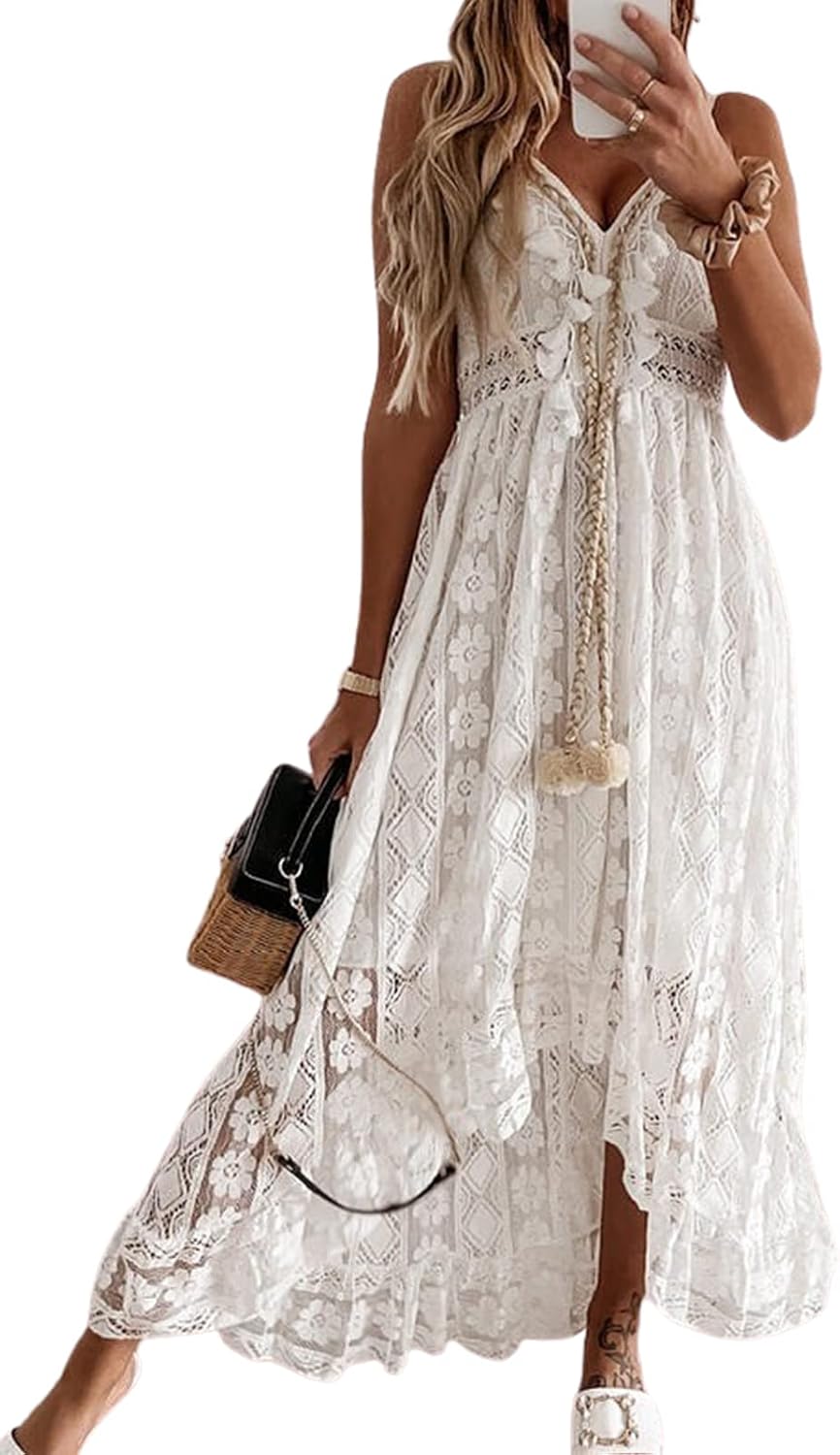 CUPSHE Maxi Summer Dress for Women Lace V Neck Sleeveless Sundress Boho Crochet Tassel Flowy Beach Vacation Graduation Dress