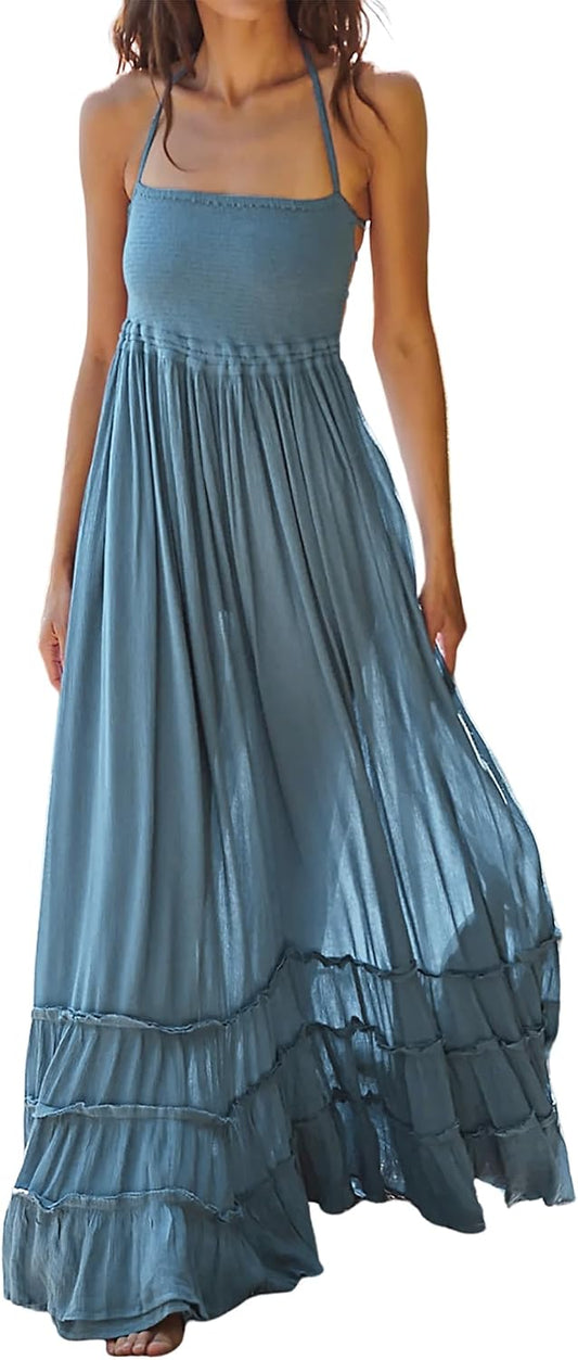 R.Vivimos Womens Summer Boho Sexy Backless Long Dresses