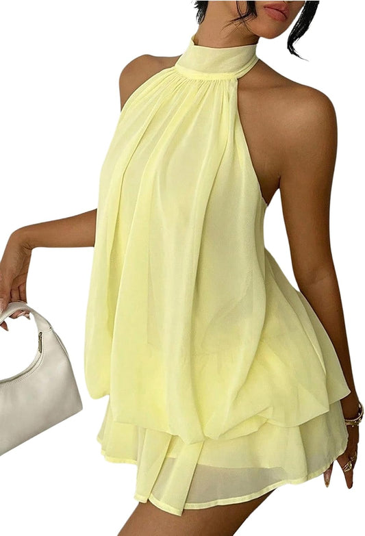 Verdusa Women's Chiffon Halter Drop Waist Wedding Guest Dresses Ruffle Summer Loose Fit Mini Dress Brunch Outfits