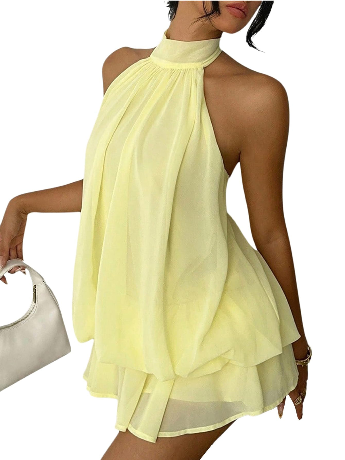Verdusa Women's Chiffon Halter Drop Waist Wedding Guest Dresses Ruffle Summer Loose Fit Mini Dress Brunch Outfits
