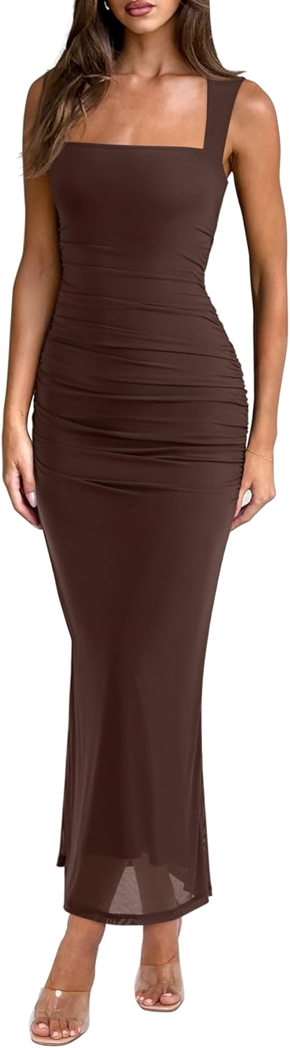 REORIA Summer Wedding Guest Maxi Dresses for Women | Sleeveless,Square Neck,Sheer Mesh,Ruched,Slim,Bodycon,Formal,Elegant Long Dress,Cocktail,Club Nightout,2026 Trendy Clothes