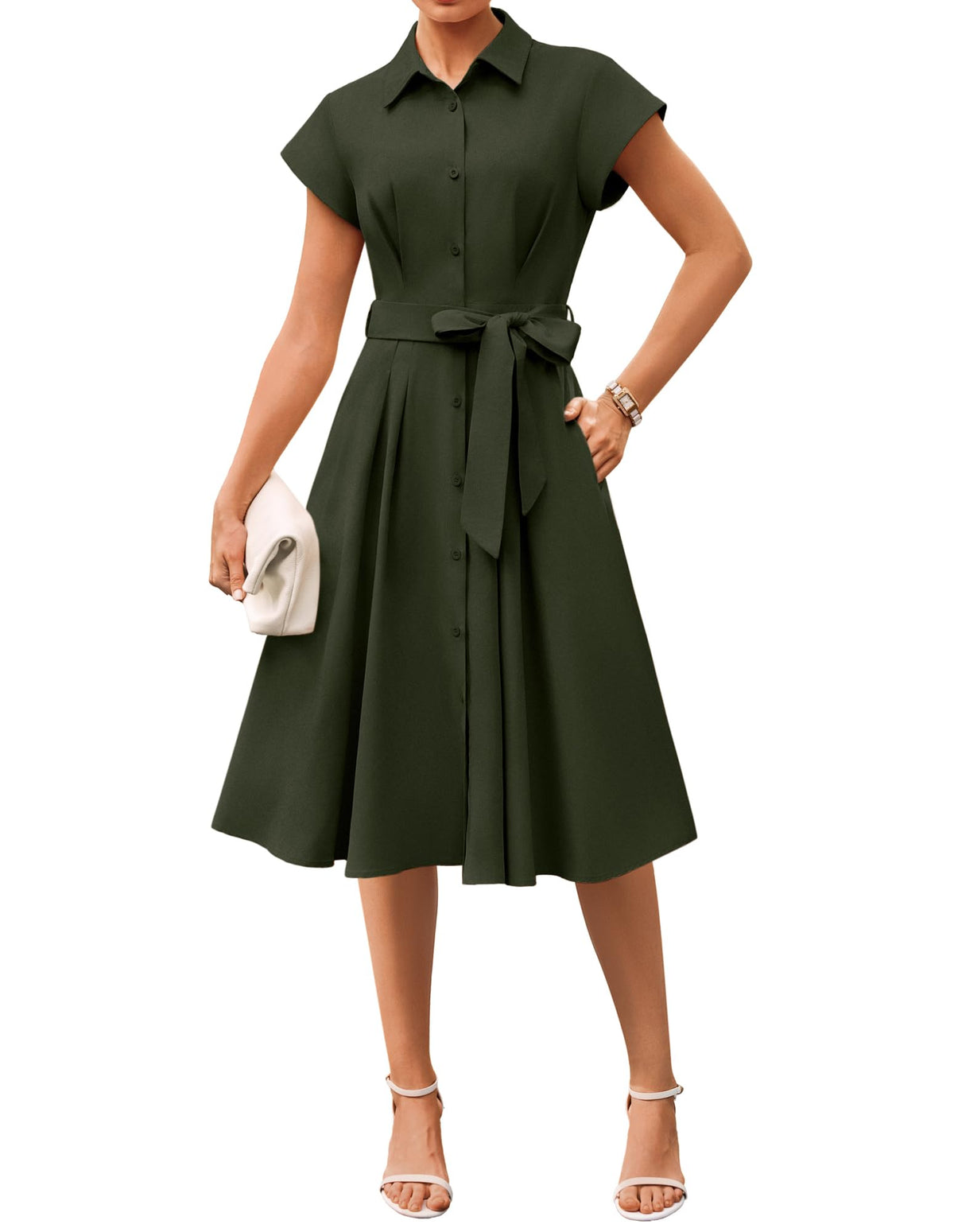 GRACE KARIN Womens Short Sleeve Shirt Dresses 2026 Summer Midi Button Down Dress Work Business Casual Dress with Pockets