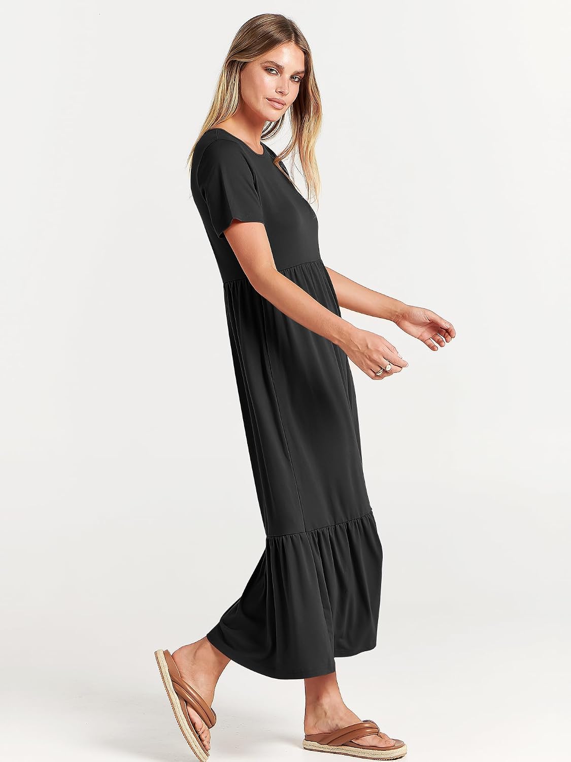 ANRABESS Womens 2026 Summer Casual Maxi Dress A line Tiered Flowy Short Sleeve Crewneck T Shirt Beach Travel Long Dresses