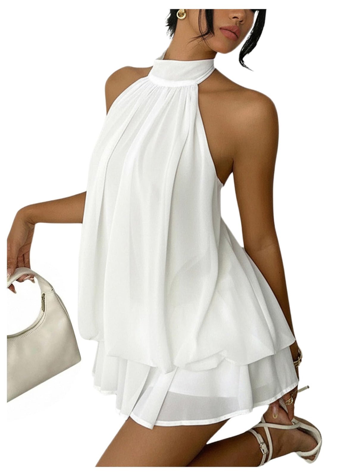 Verdusa Women's Chiffon Halter Drop Waist Wedding Guest Dresses Ruffle Summer Loose Fit Mini Dress Brunch Outfits
