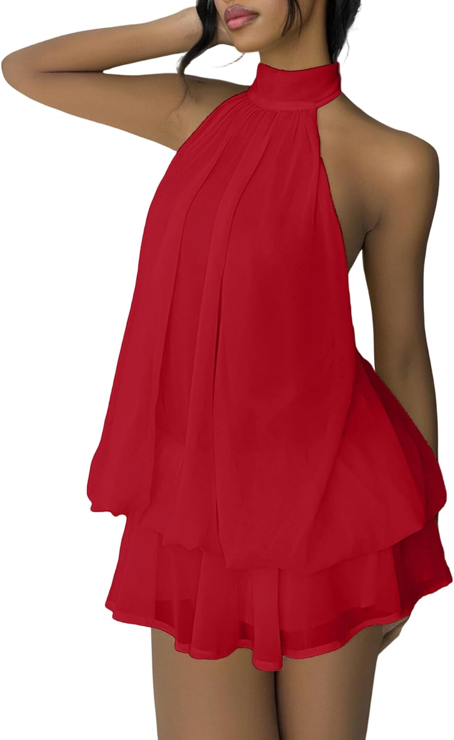 SHINFY Women Chiffon Halter Cocktail Dresses for Wedding Guest Ruffle Mini Beach Vacation Birthday Dresses