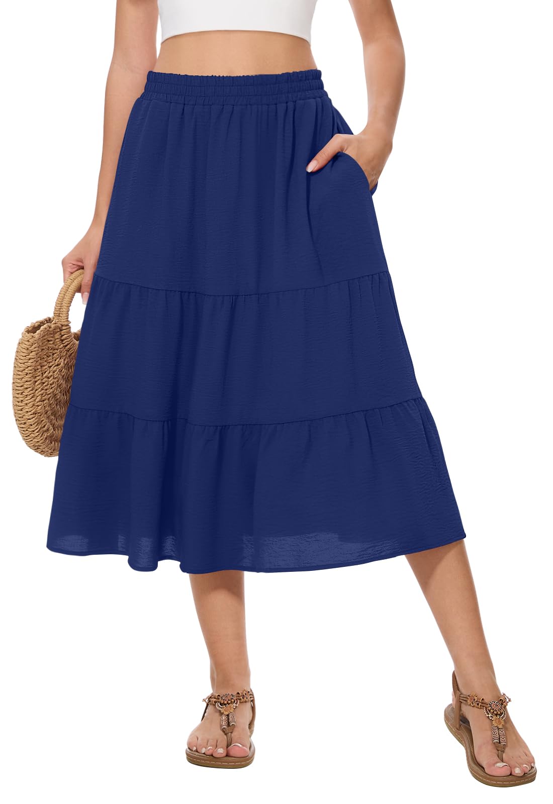 Women's Summer Midi Skirt High Elastic Waist Flowy Ruffle Casual Boho A-Line Skirts with Pockets
