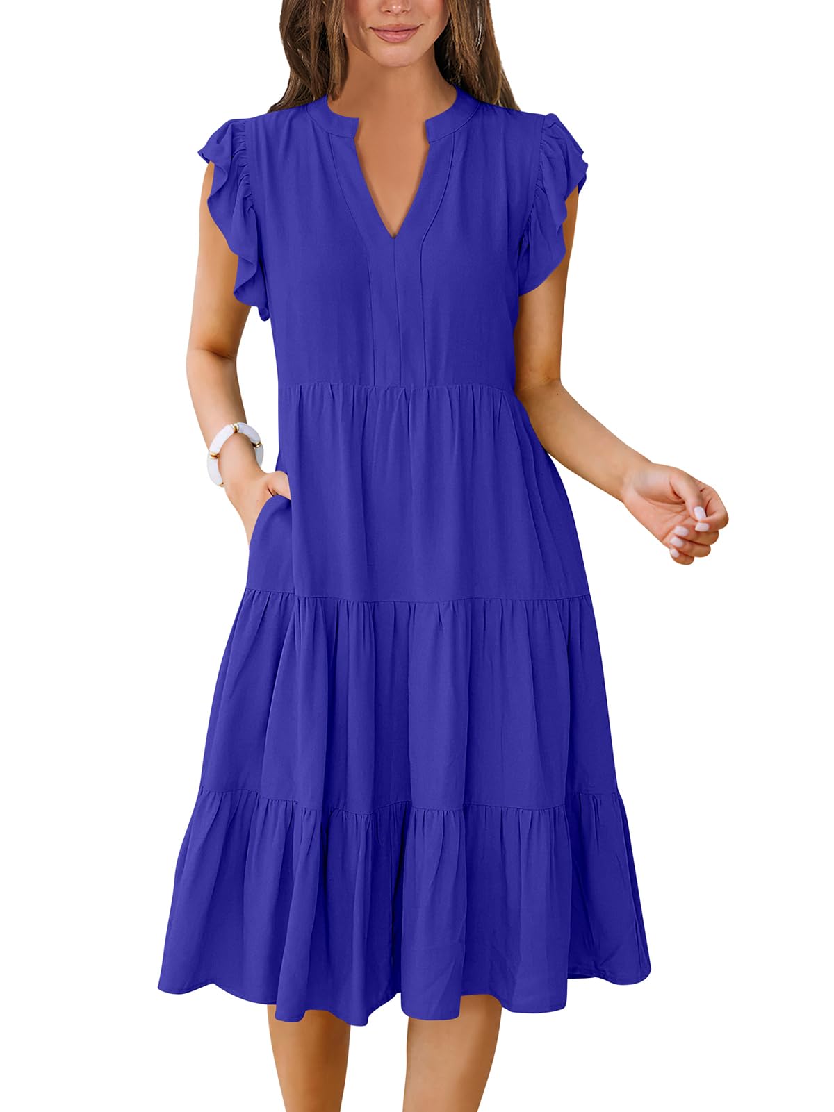 ANRABESS Womens Summer Dress Ruffle Sleeve V Neck Midi Dresses Fashion Casual Fit Flowy Tiered Boho Beach Vacation Sundress