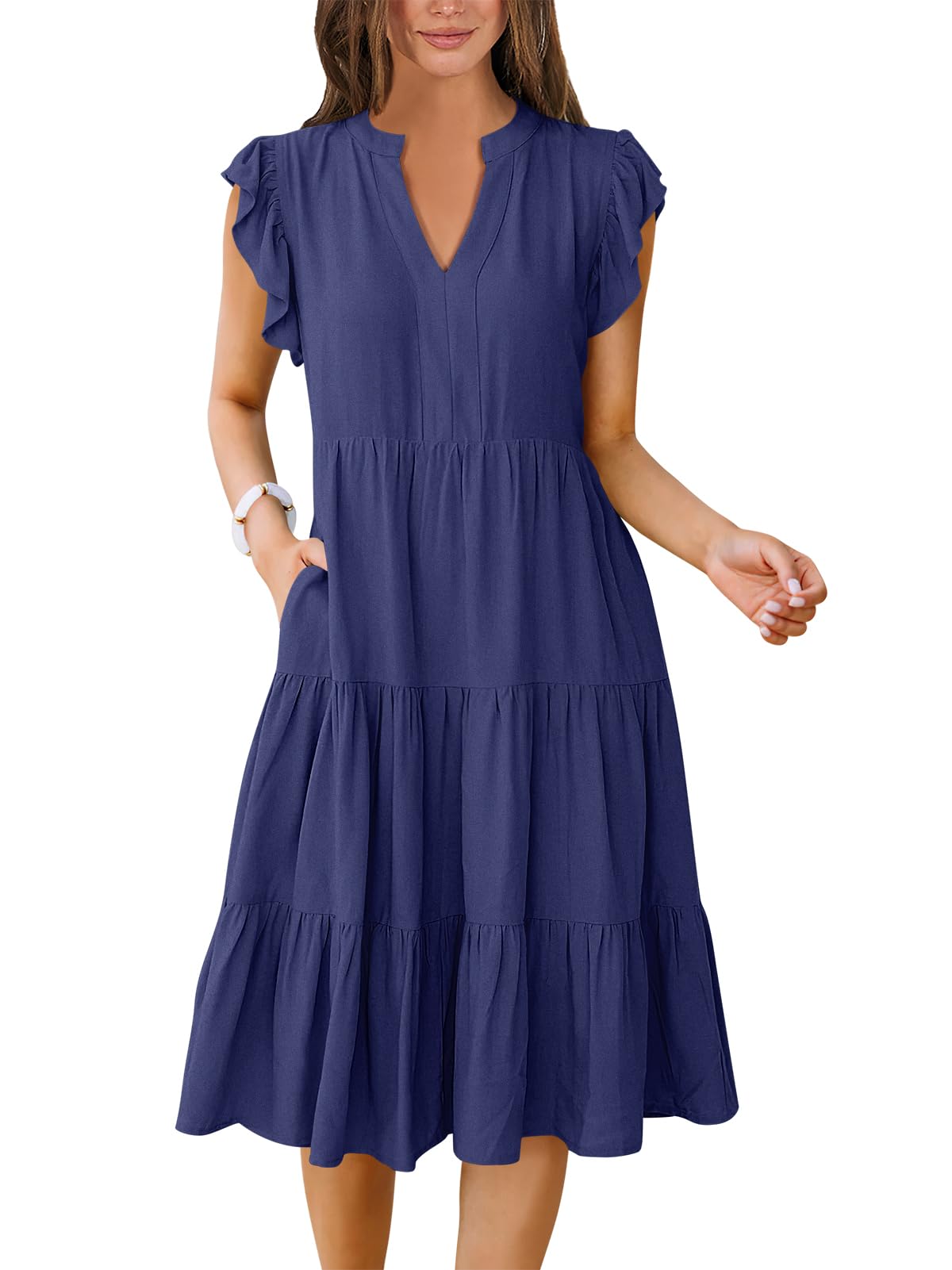 ANRABESS Womens Summer Dress Ruffle Sleeve V Neck Midi Dresses Fashion Casual Fit Flowy Tiered Boho Beach Vacation Sundress