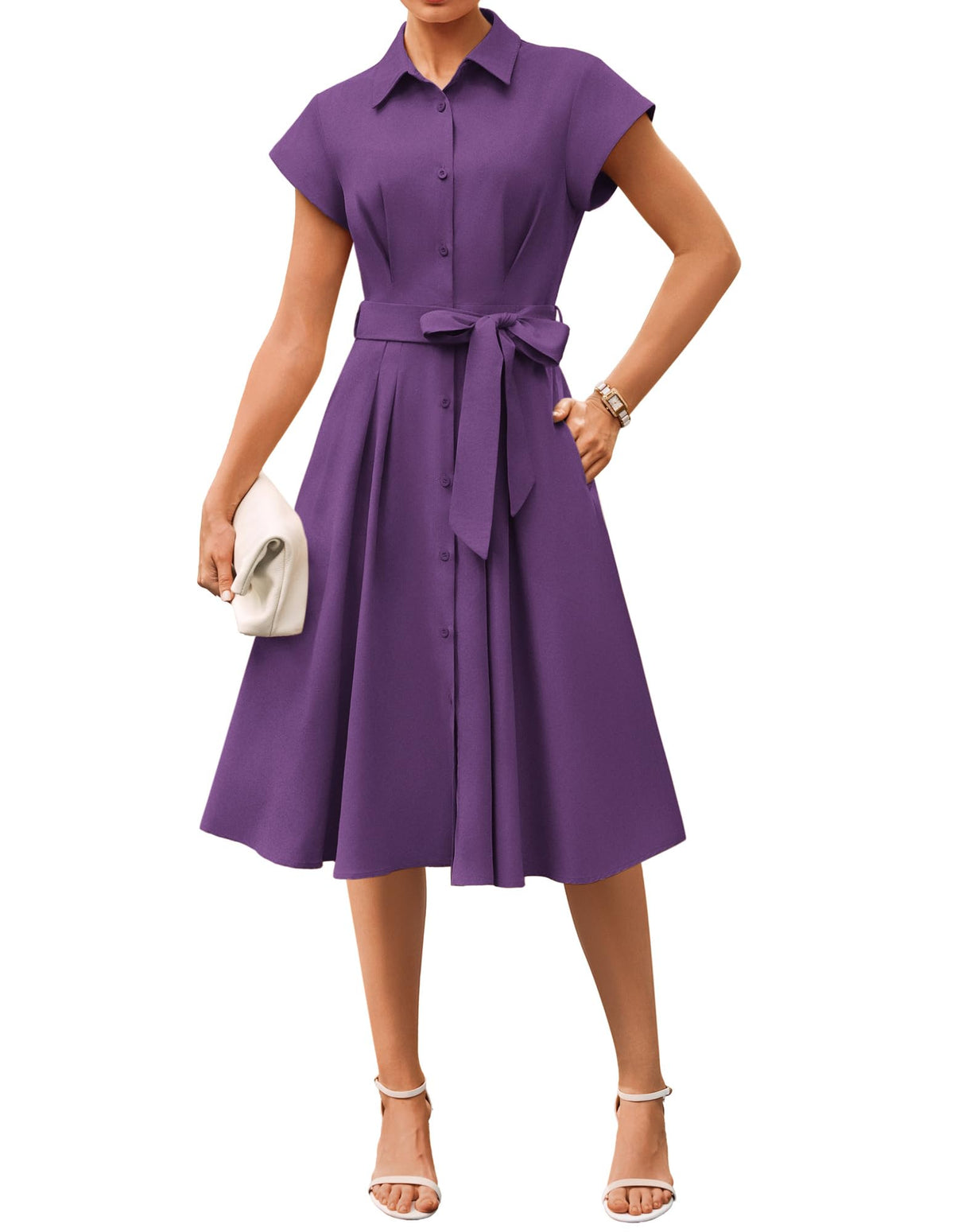 GRACE KARIN Womens Short Sleeve Shirt Dresses 2026 Summer Midi Button Down Dress Work Business Casual Dress with Pockets