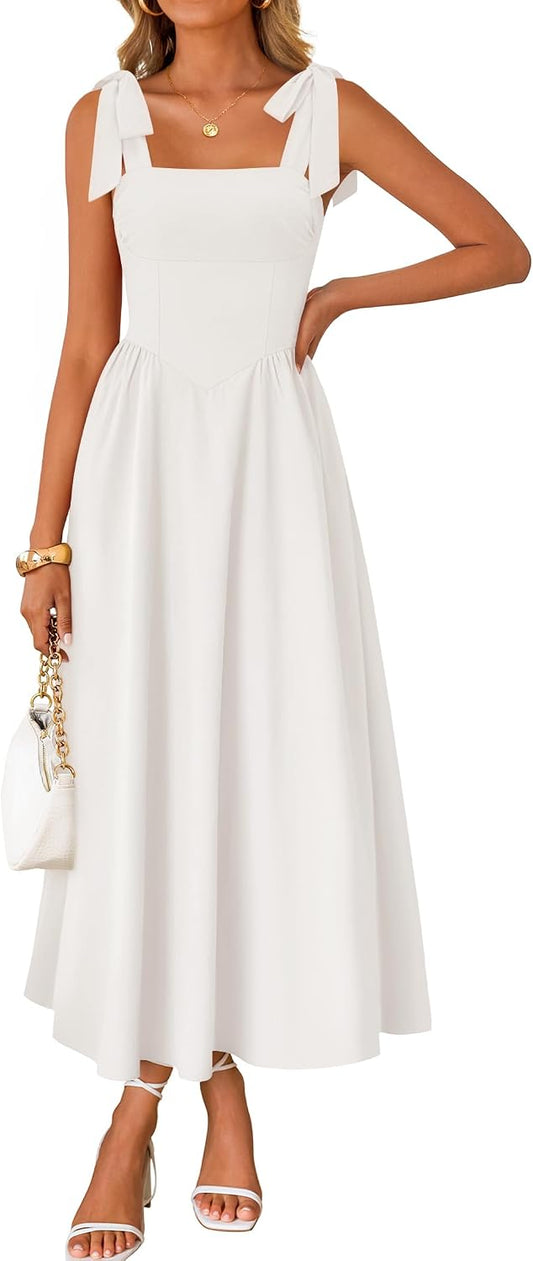 ZESICA Women's Summer Spaghetti Strap Maxi Dress 2026 Tie Shoulder Square Neck Flowy Wedding Guest Party Beach Long Dresses