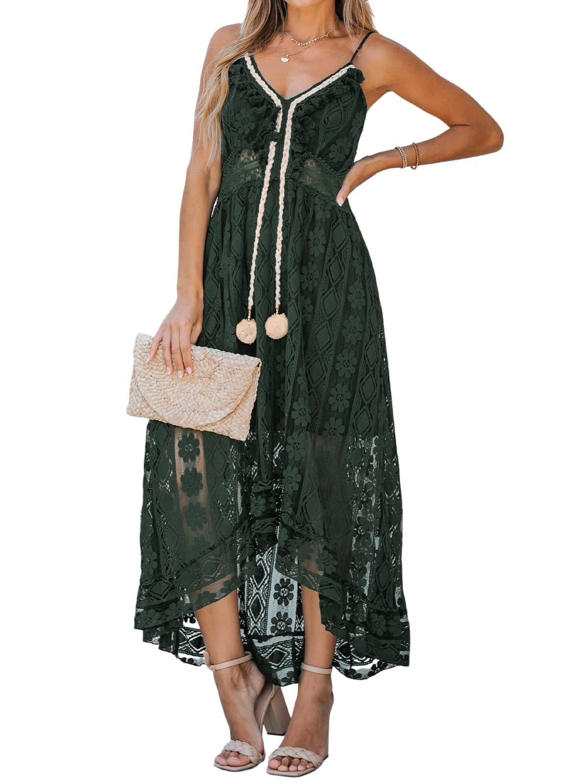 CUPSHE Maxi Summer Dress for Women Lace V Neck Sleeveless Sundress Boho Crochet Tassel Flowy Beach Vacation Graduation Dress