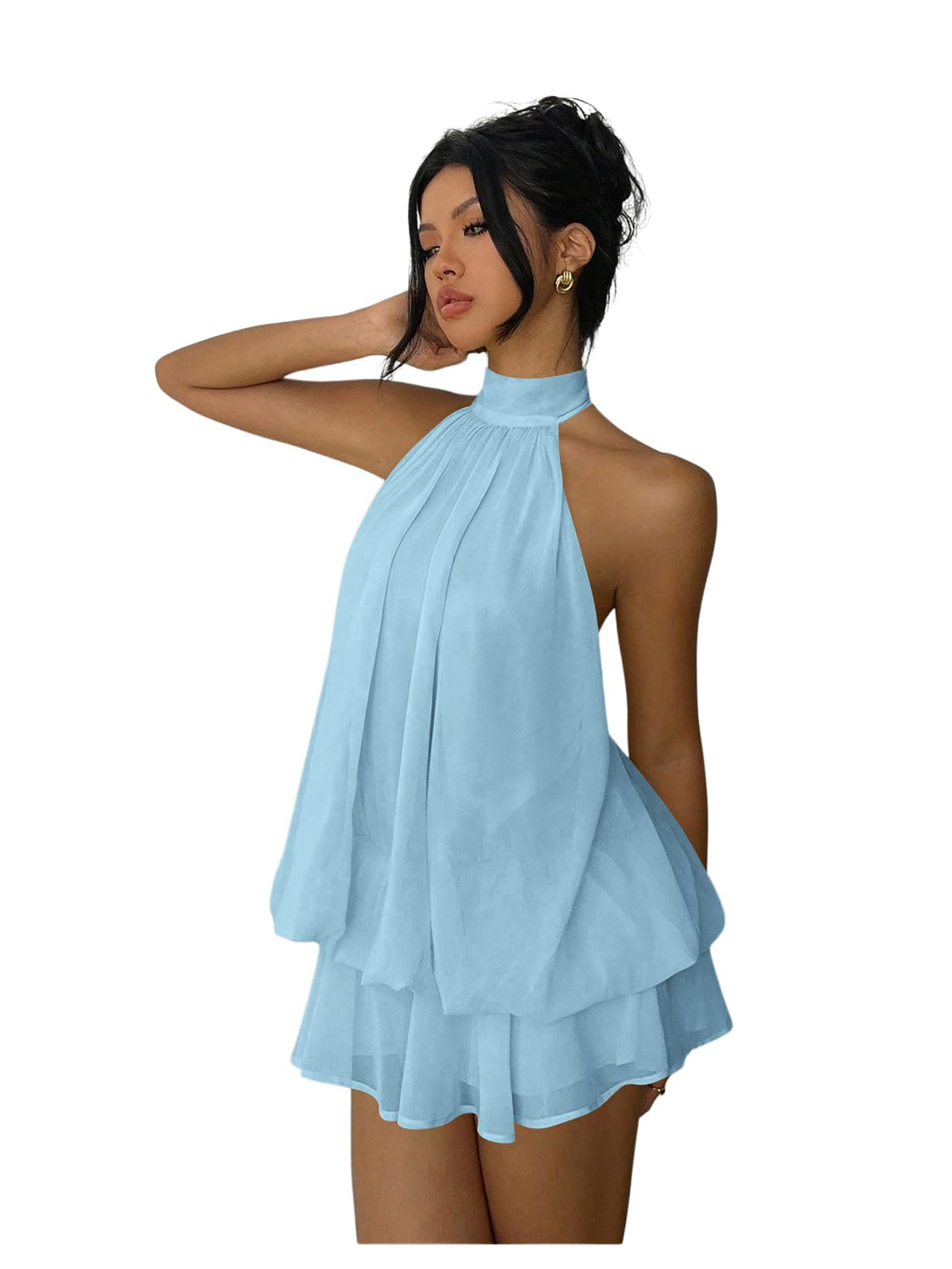Verdusa Women's Chiffon Halter Drop Waist Wedding Guest Dresses Ruffle Summer Loose Fit Mini Dress Brunch Outfits