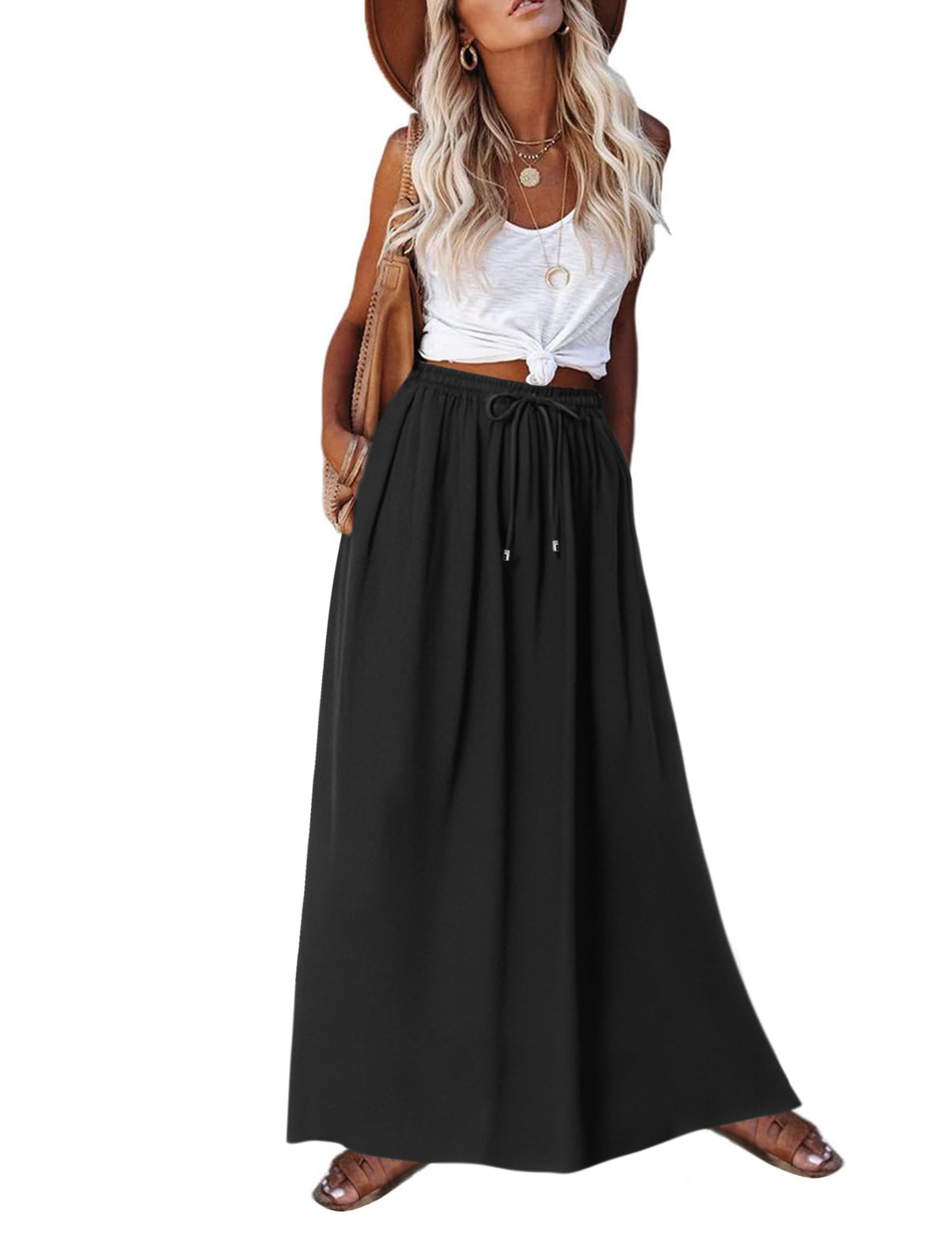 Zeagoo Women's 2026 Boho Floral Skirt Casual Elastic High Waist Maxi Skirts Flowy A Line Beach Long Skirt with Side Pockets