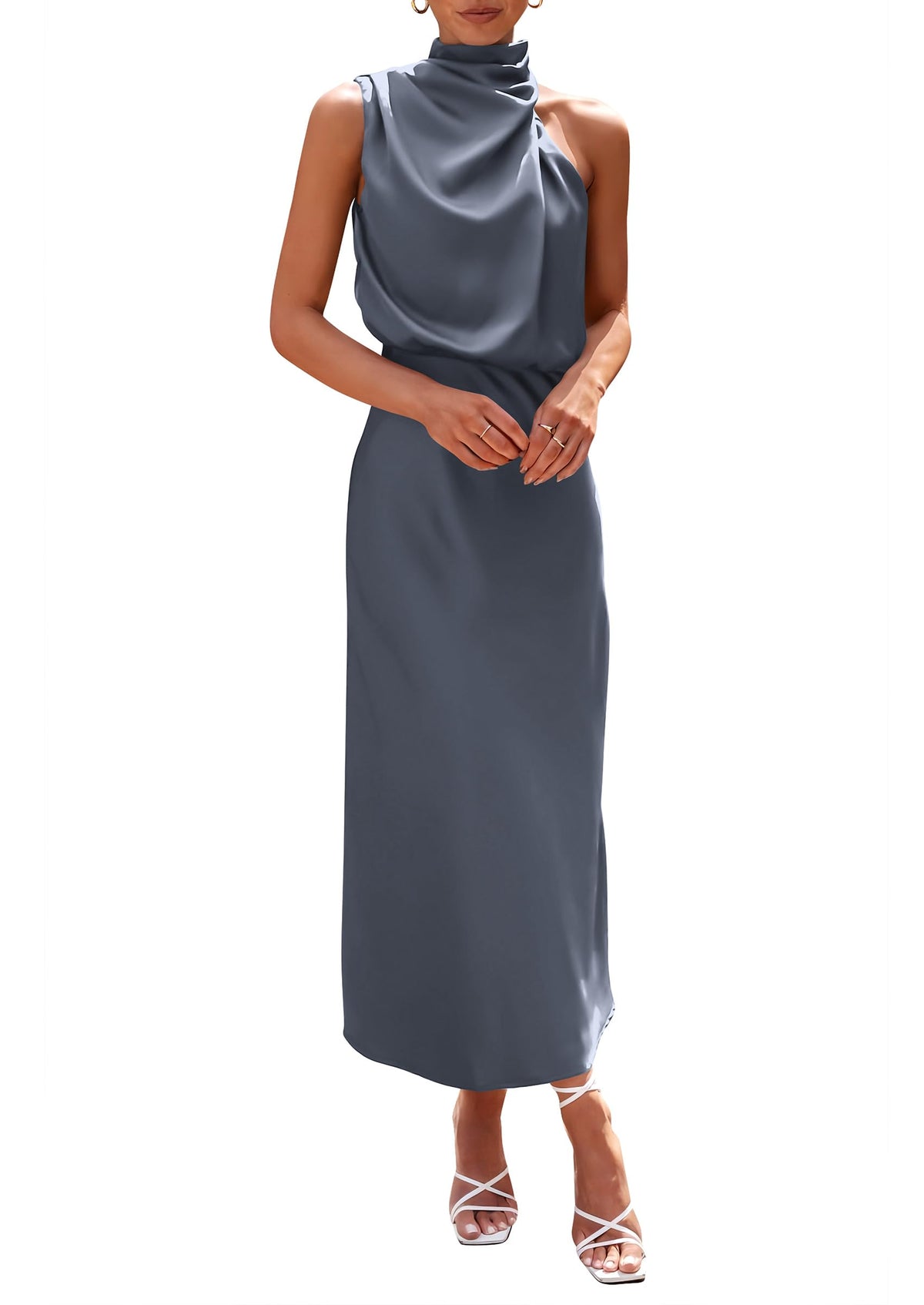 PRETTYGARDEN Women's 2026 Summer Satin Dress Elegant Sleeveless Mock Neck Cocktail Party Maxi Dresses