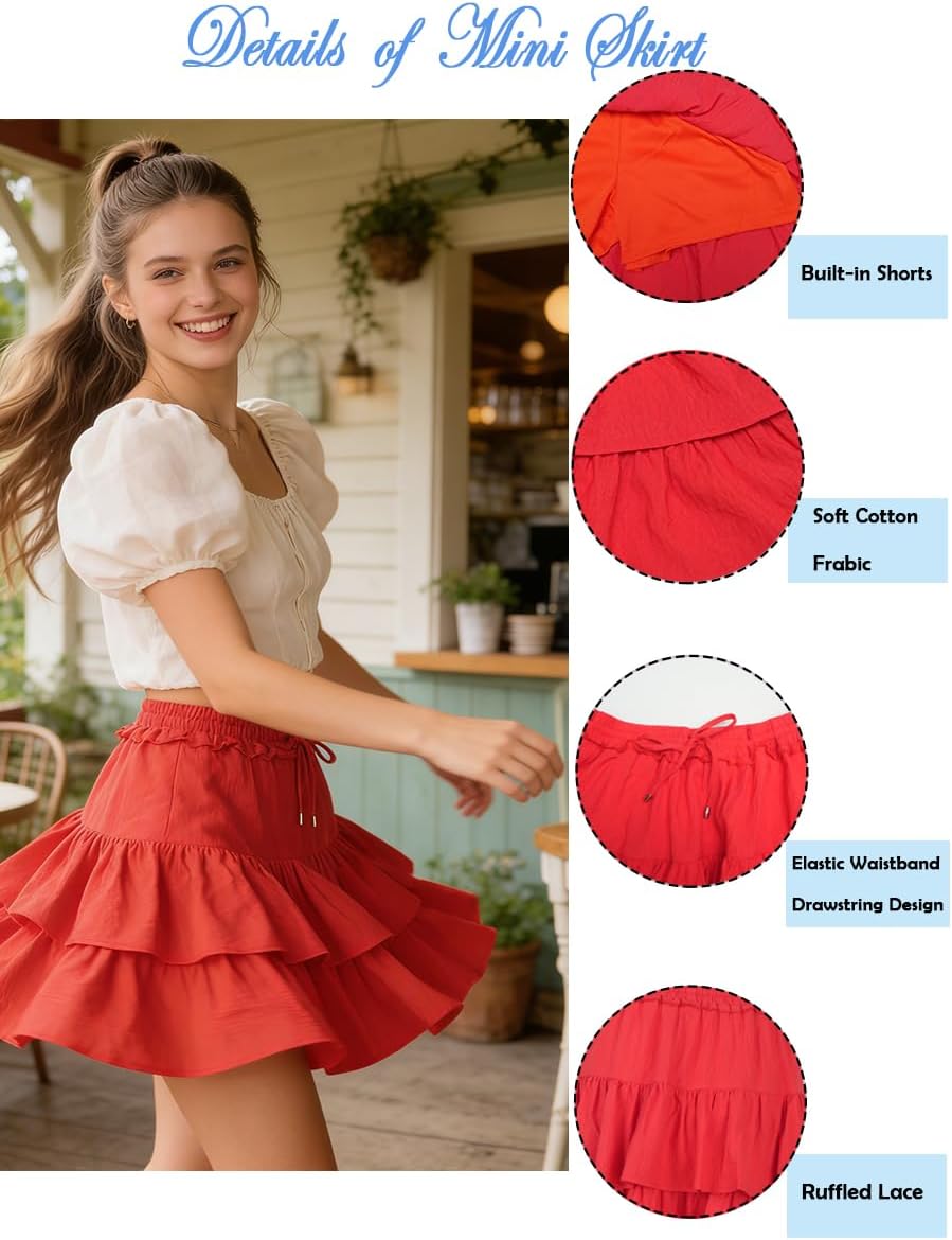 Hanpceirs Mini Skirts for Women Boho Ruffled Athletic Tennis Skorts Casual High Waist A-Line Short Skirt