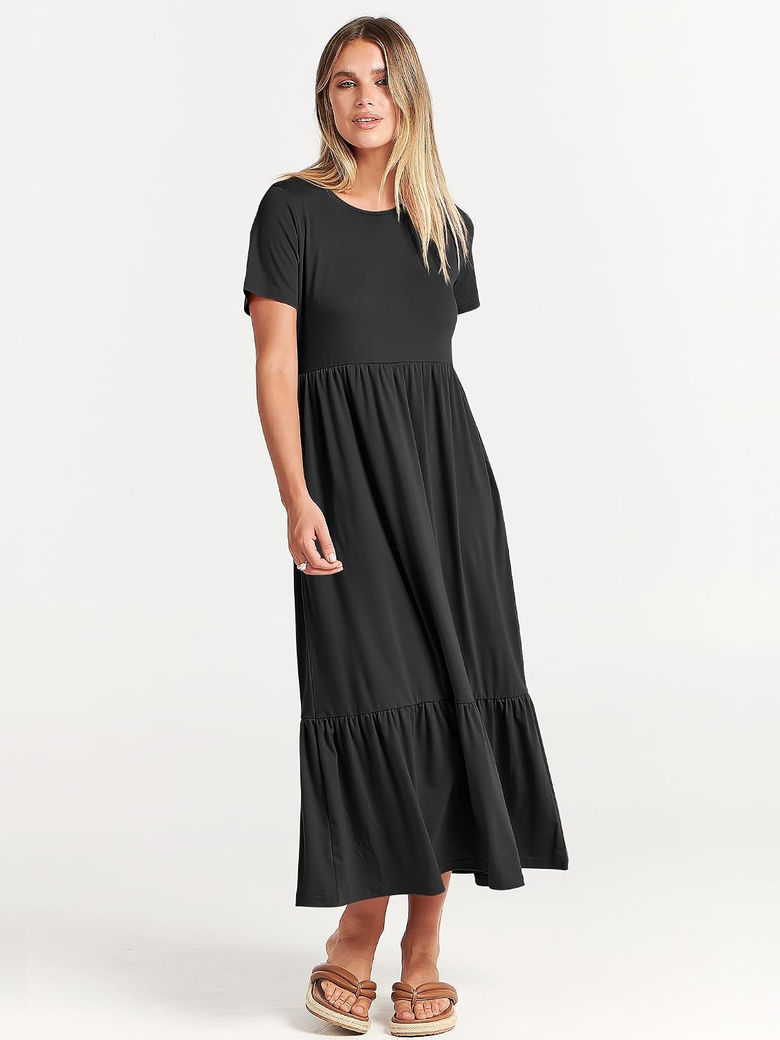 ANRABESS Womens 2026 Summer Casual Maxi Dress A line Tiered Flowy Short Sleeve Crewneck T Shirt Beach Travel Long Dresses