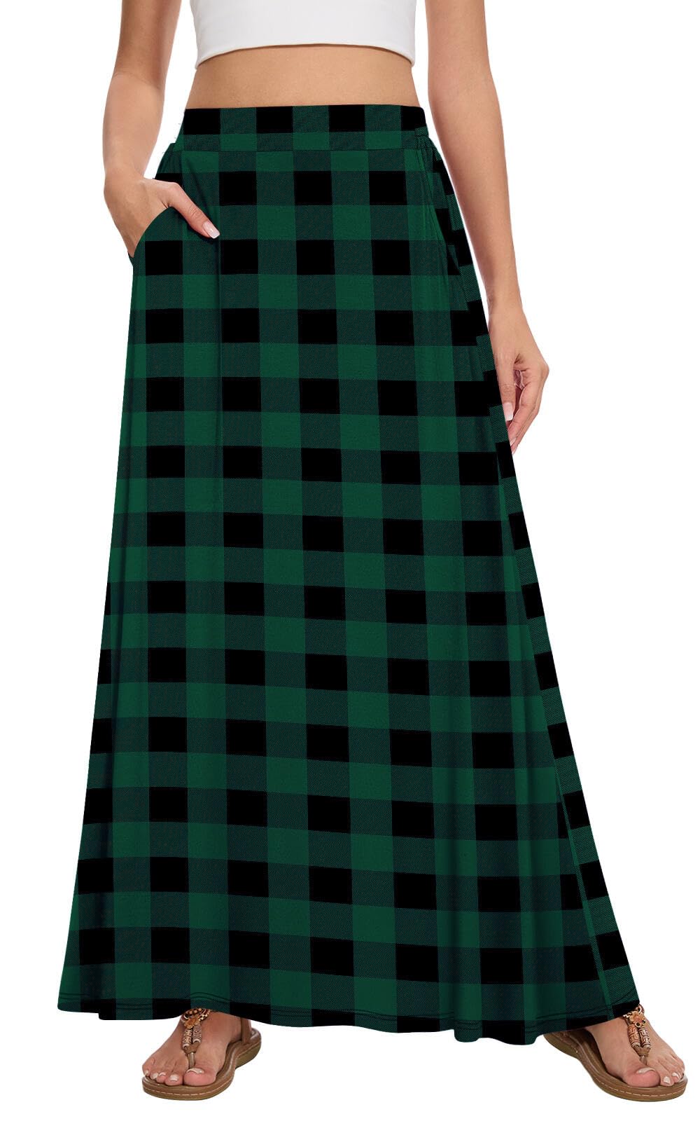Womens Maxi A-line Long Skirt Casual 2026 Elastic High Waist Flowy Skirts with Pockets