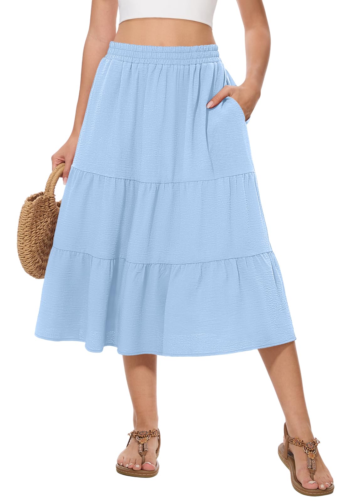 Women's Summer Midi Skirt High Elastic Waist Flowy Ruffle Casual Boho A-Line Skirts with Pockets