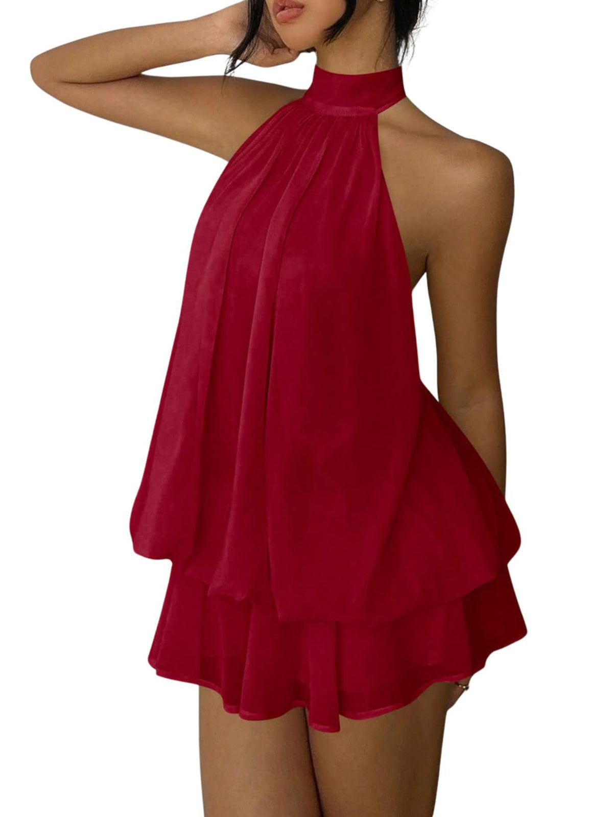 Verdusa Women's Chiffon Halter Drop Waist Wedding Guest Dresses Ruffle Summer Loose Fit Mini Dress Brunch Outfits