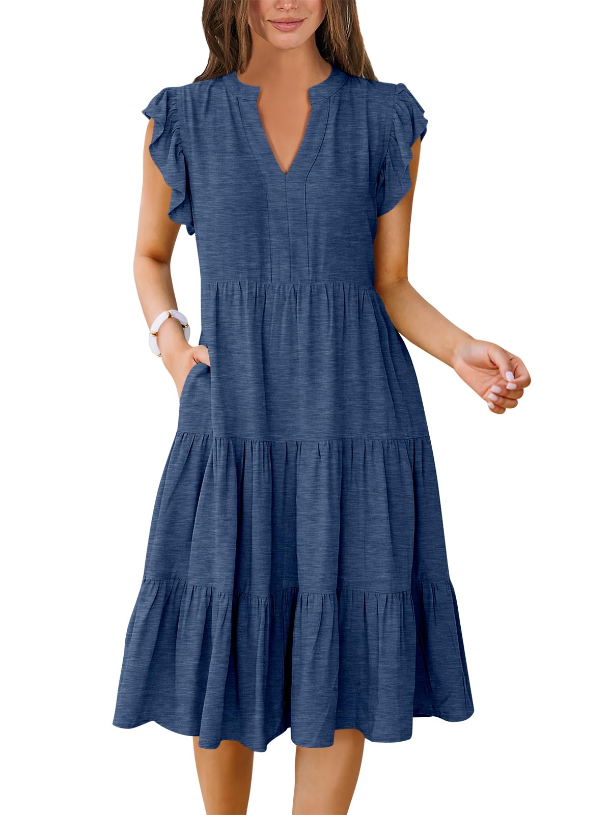 ANRABESS Womens Summer Dress Ruffle Sleeve V Neck Midi Dresses Fashion Casual Fit Flowy Tiered Boho Beach Vacation Sundress