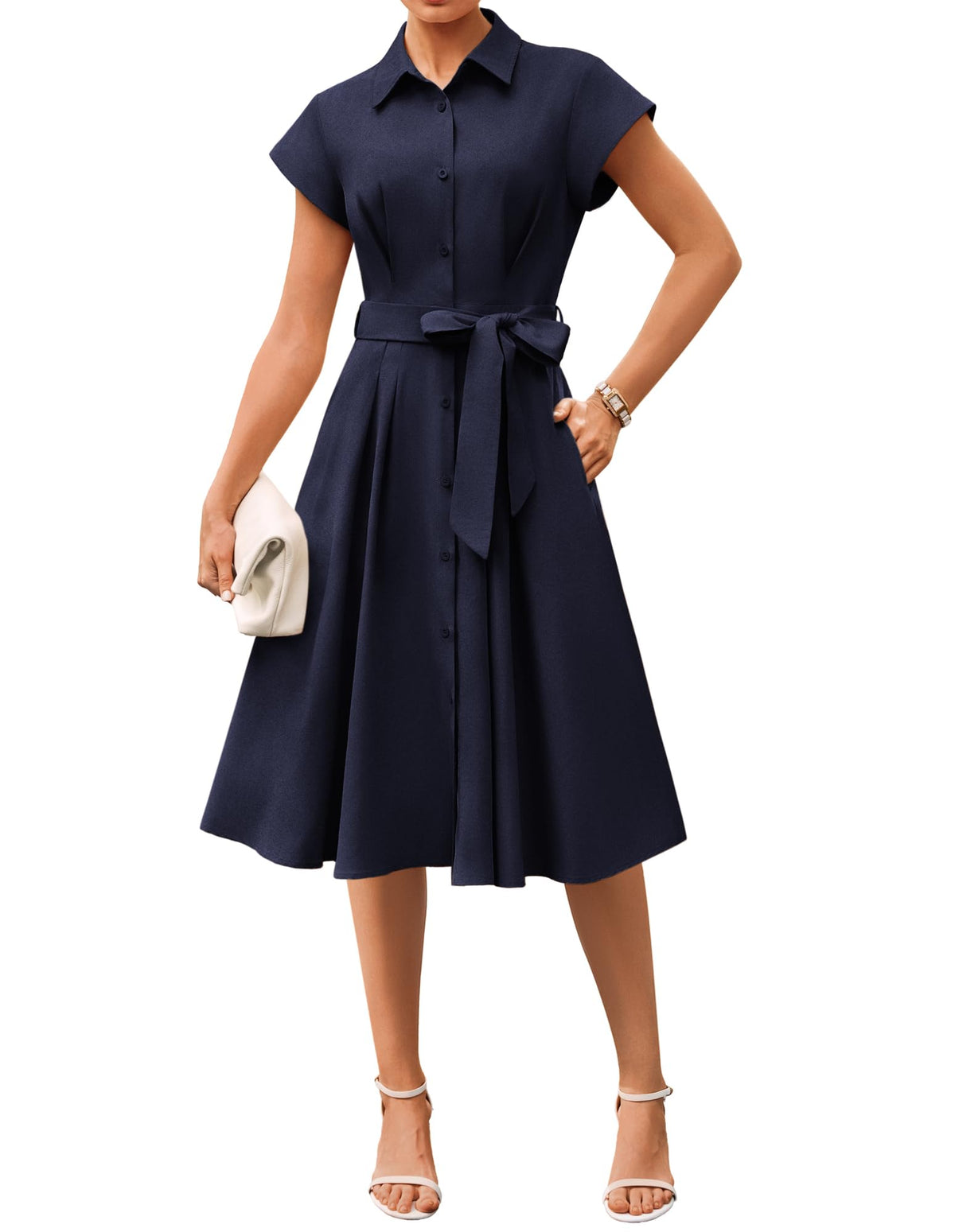 GRACE KARIN Womens Short Sleeve Shirt Dresses 2026 Summer Midi Button Down Dress Work Business Casual Dress with Pockets