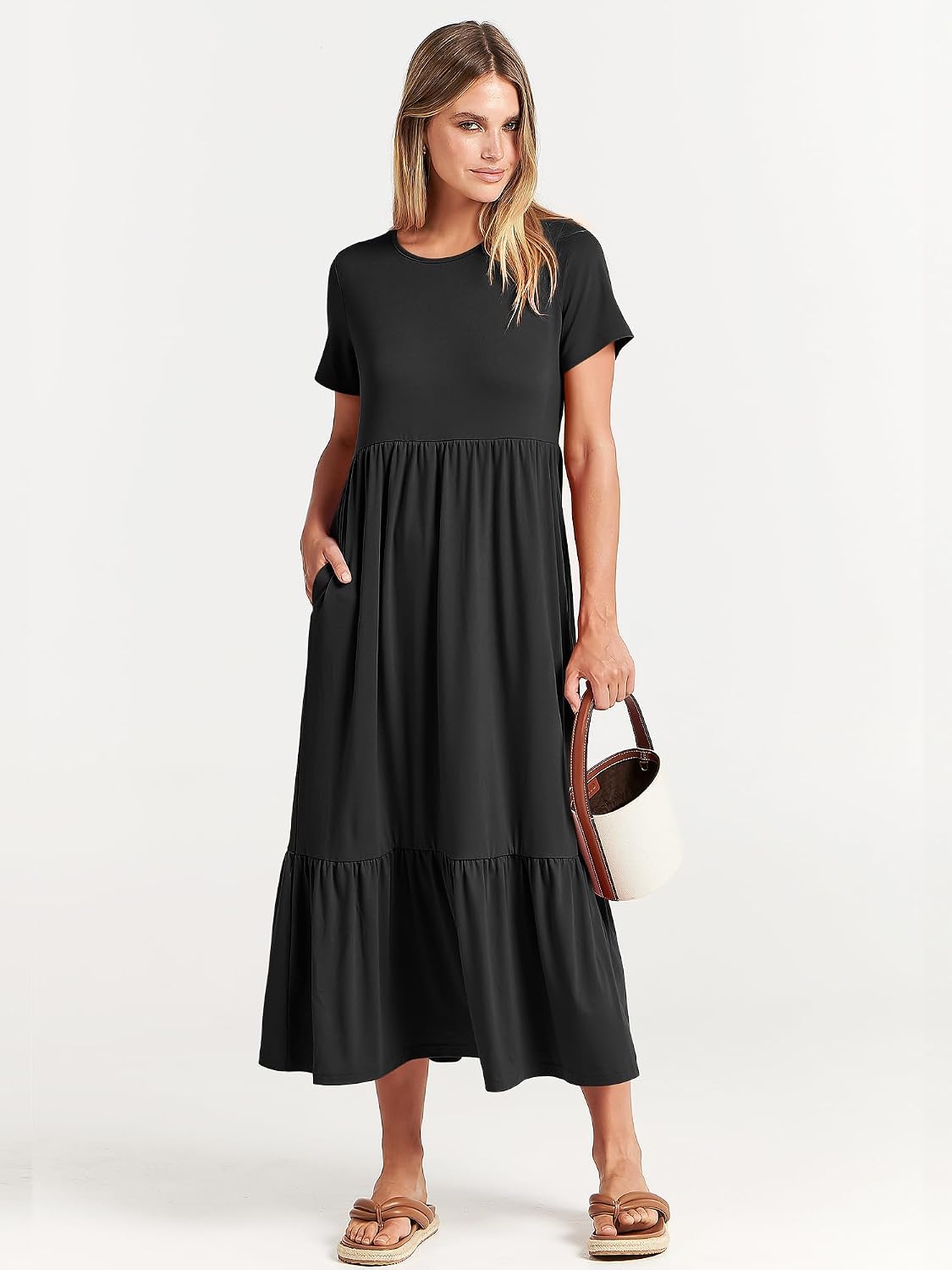 ANRABESS Womens 2026 Summer Casual Maxi Dress A line Tiered Flowy Short Sleeve Crewneck T Shirt Beach Travel Long Dresses