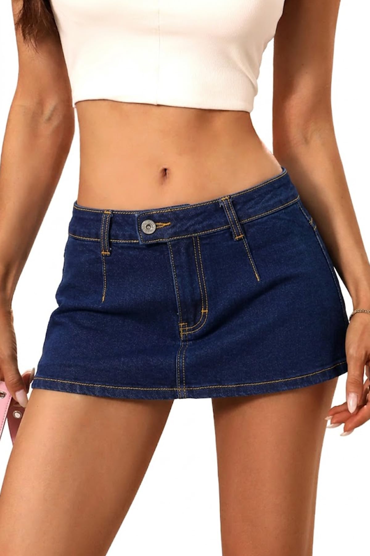 ELLEVEN Low Rise Denim Mini Skirt for Women, High Stretch Jean Skirt with Shorts Underneath Y2k Micro Skort