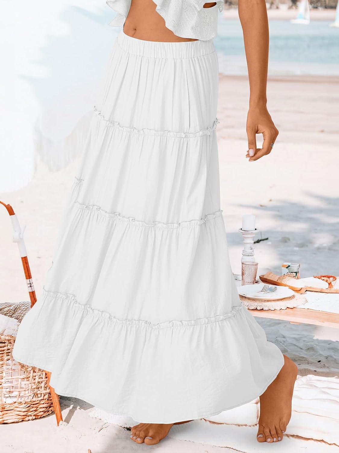 Trendy Queen Vacation Outfits Long Skirts for Women Boho Maxi Skirt Elastic High Waist Dress with Pockets Fashion