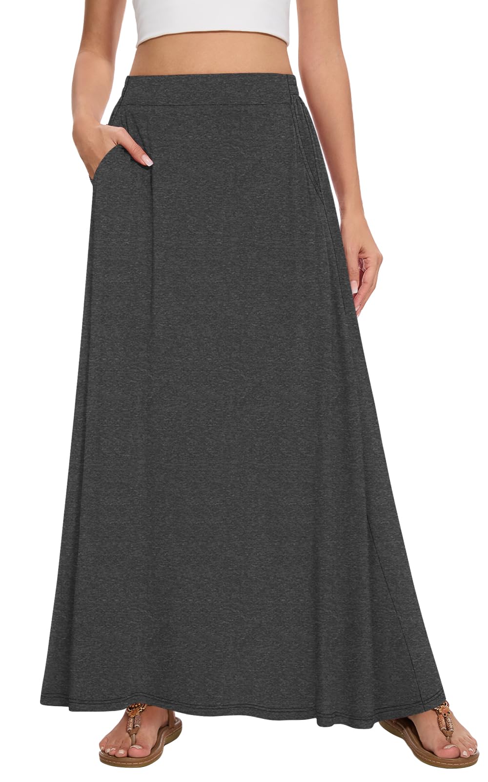 Womens Maxi A-line Long Skirt Casual 2026 Elastic High Waist Flowy Skirts with Pockets