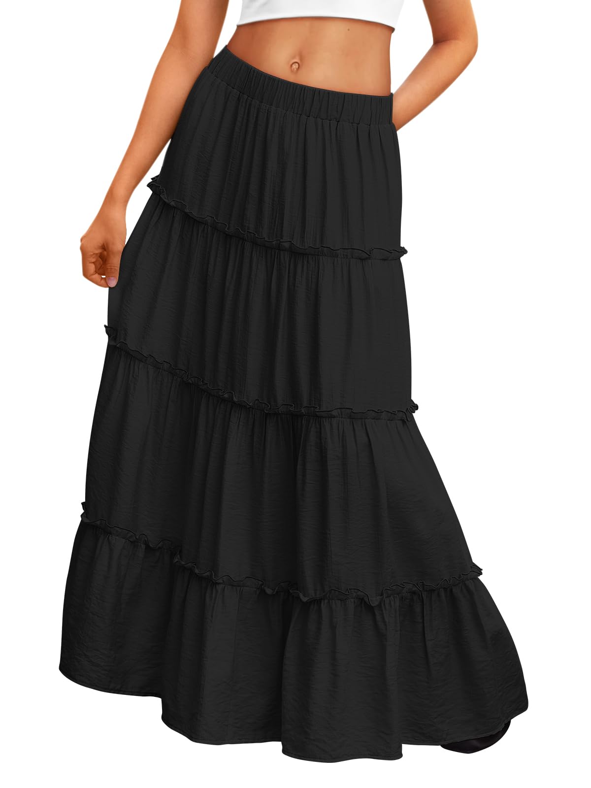 Trendy Queen Vacation Outfits Long Skirts for Women Boho Maxi Skirt Elastic High Waist Dress with Pockets Fashion