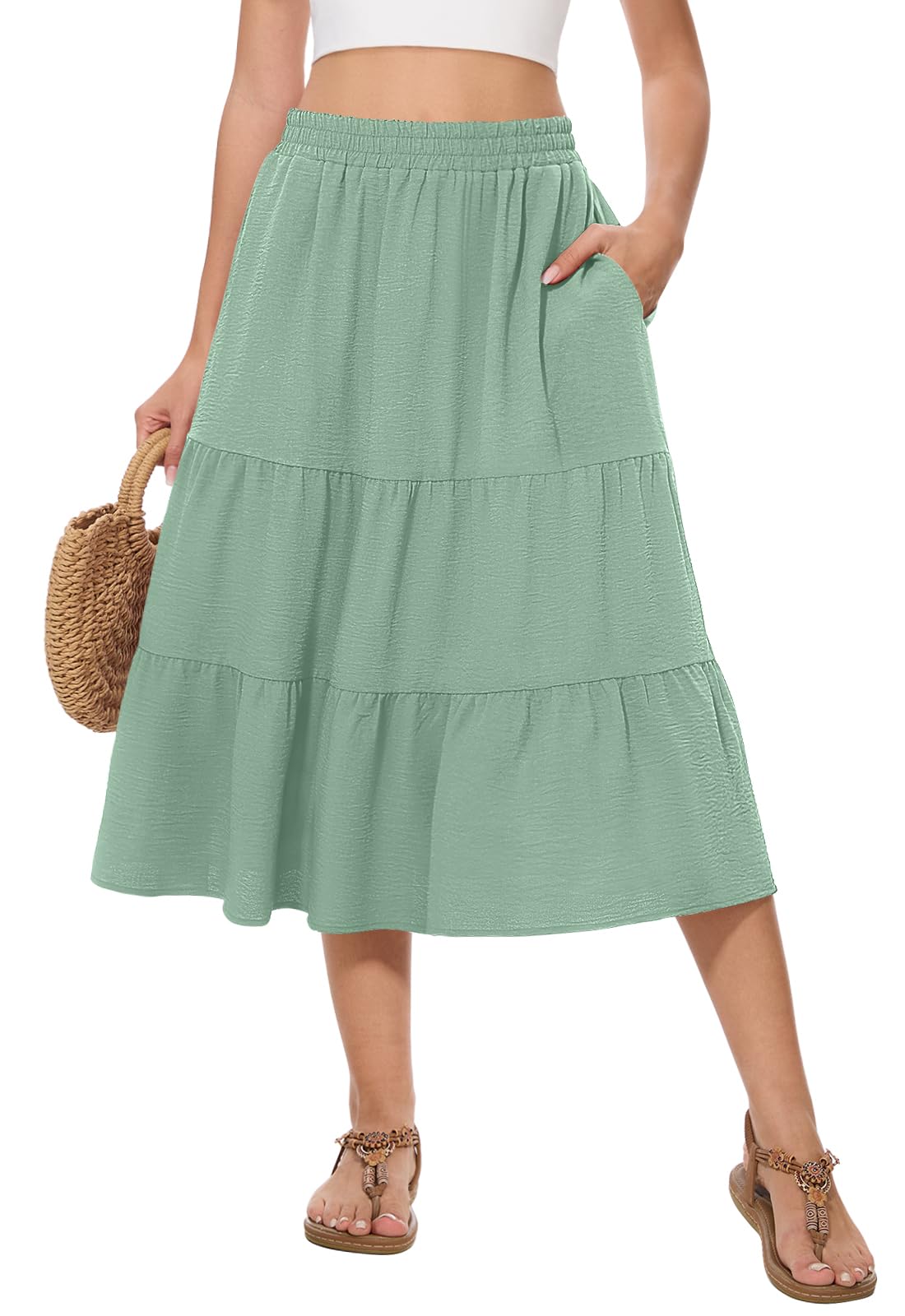 Women's Summer Midi Skirt High Elastic Waist Flowy Ruffle Casual Boho A-Line Skirts with Pockets