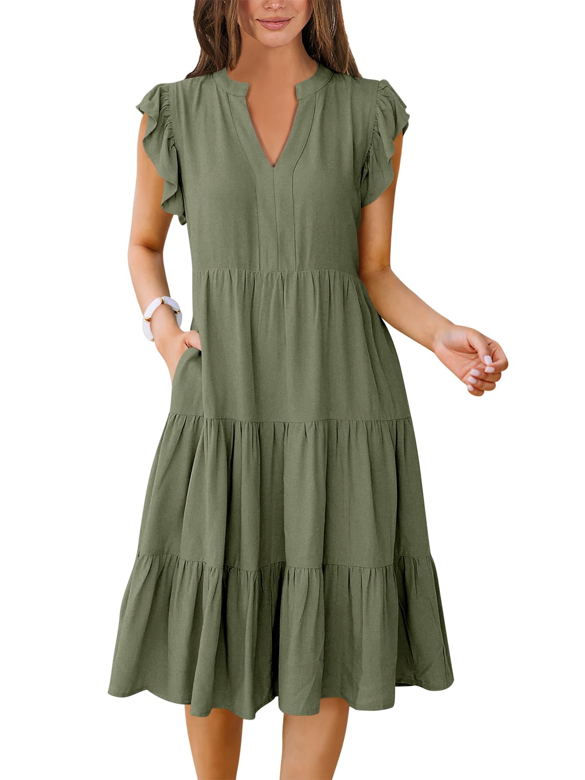 ANRABESS Womens Summer Dress Ruffle Sleeve V Neck Midi Dresses Fashion Casual Fit Flowy Tiered Boho Beach Vacation Sundress